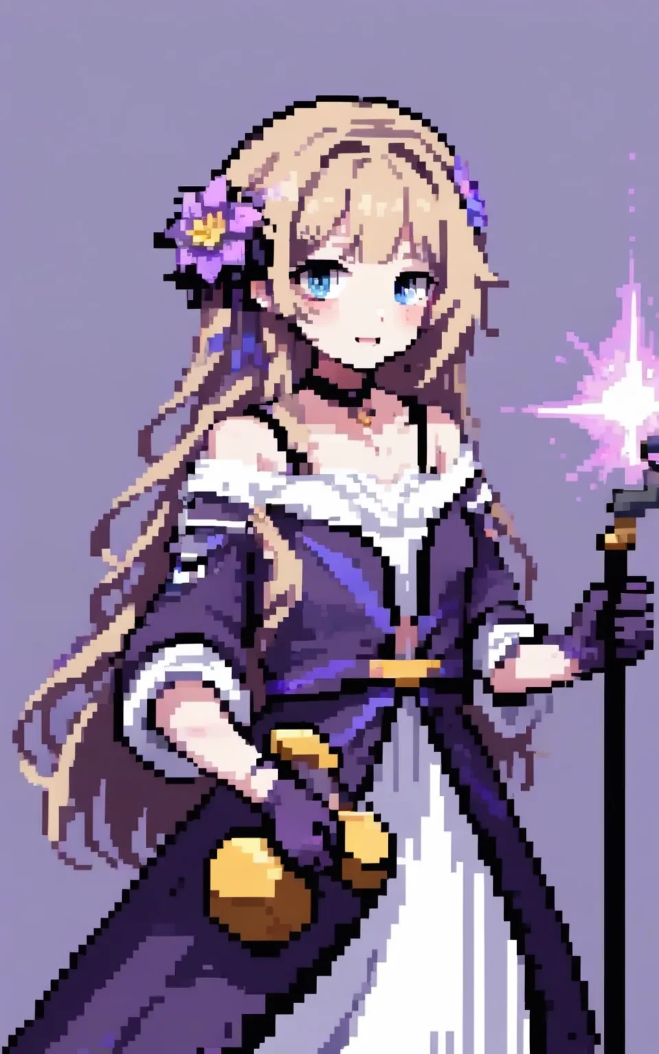 1girl, 
xssj, Herta \(honkai: star rail\), ribbon, simple background, looking at viewer, smile, purple gloves, holding, purple flower, glowing eye, dress, solo, long hair, purple dress, blonde hair, purple background, holding hammer, light particles, open mouth, dress bow, holding weapon, hair flower, glowing, flower, hair ribbon, doll joints, joints, hammer, purple ribbon, hair over one eye, choker, electricity, hair ornament, black choker, gloves, blue eyes, bow, weapon, 
masterpiece, newest, absurdres, safe
 <lora:xssj:1>