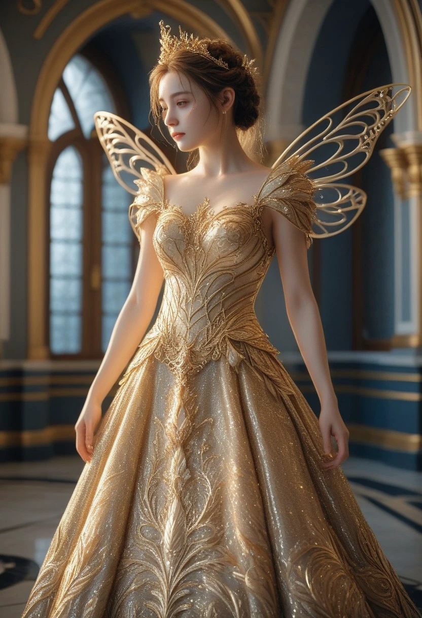 dskgold_filigree, 1girl, female focus, faerie dress, gold trim, indoors, solo, standing, gold filigree, made of gold, cinematic lighting, cinematic angle, best quality, masterpiece