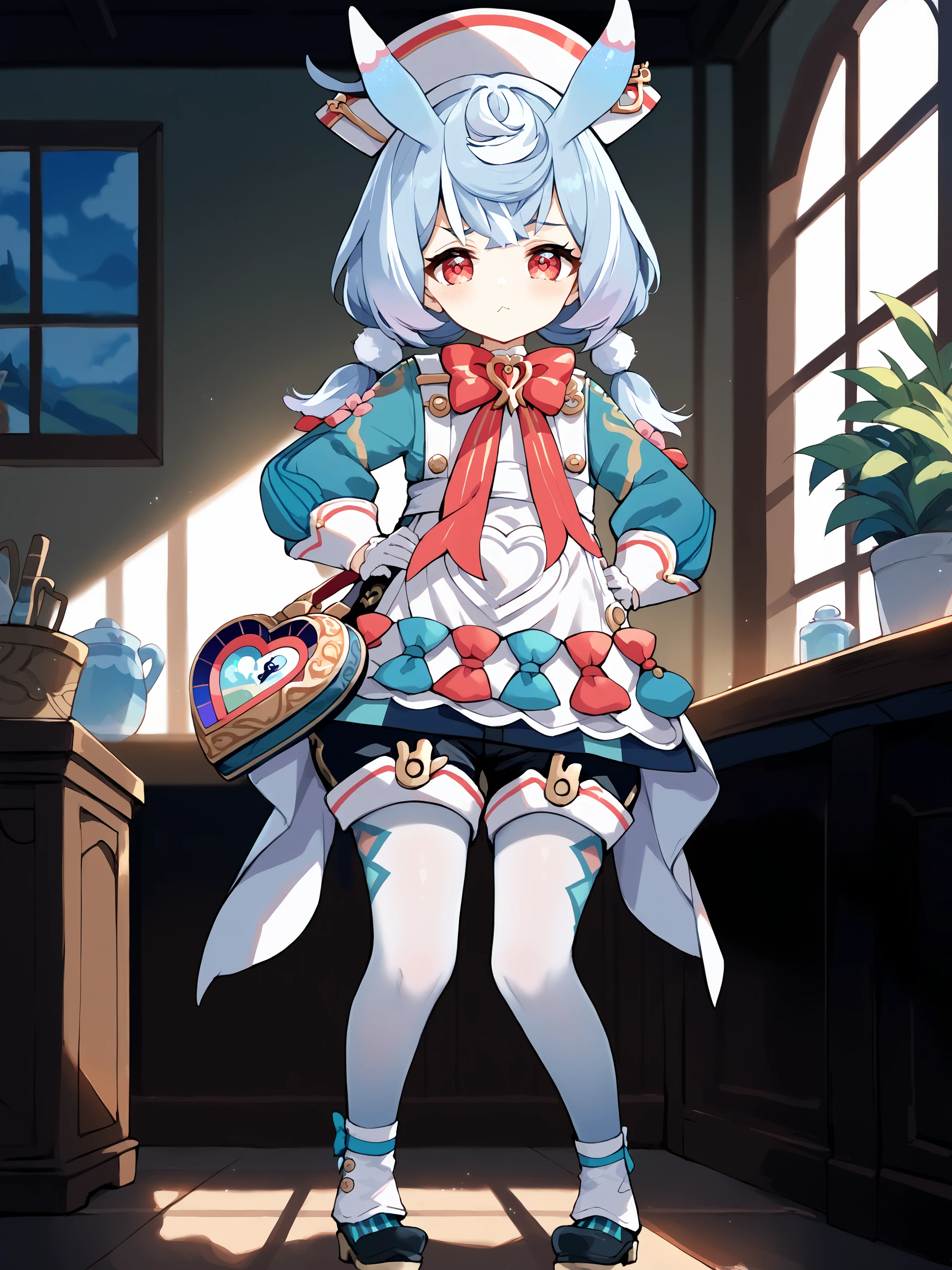 1girl, sigewinne \(genshin impact\), solo,  low twintails, animal ears, white gloves, red bowtie, nurse cap, aqua dress, white apron, heart-shaped bag, black shorts, white pantyhose, fold-over boots, standing, full body, looking at viewer, pout, blush, hands on hips, sunset, infirmary, window, backlighting, depth of field score_9, score_8_up, score_7_up, source_anime,  <lora:Char-Genshin-Sigewinne-V1-Pony:1>