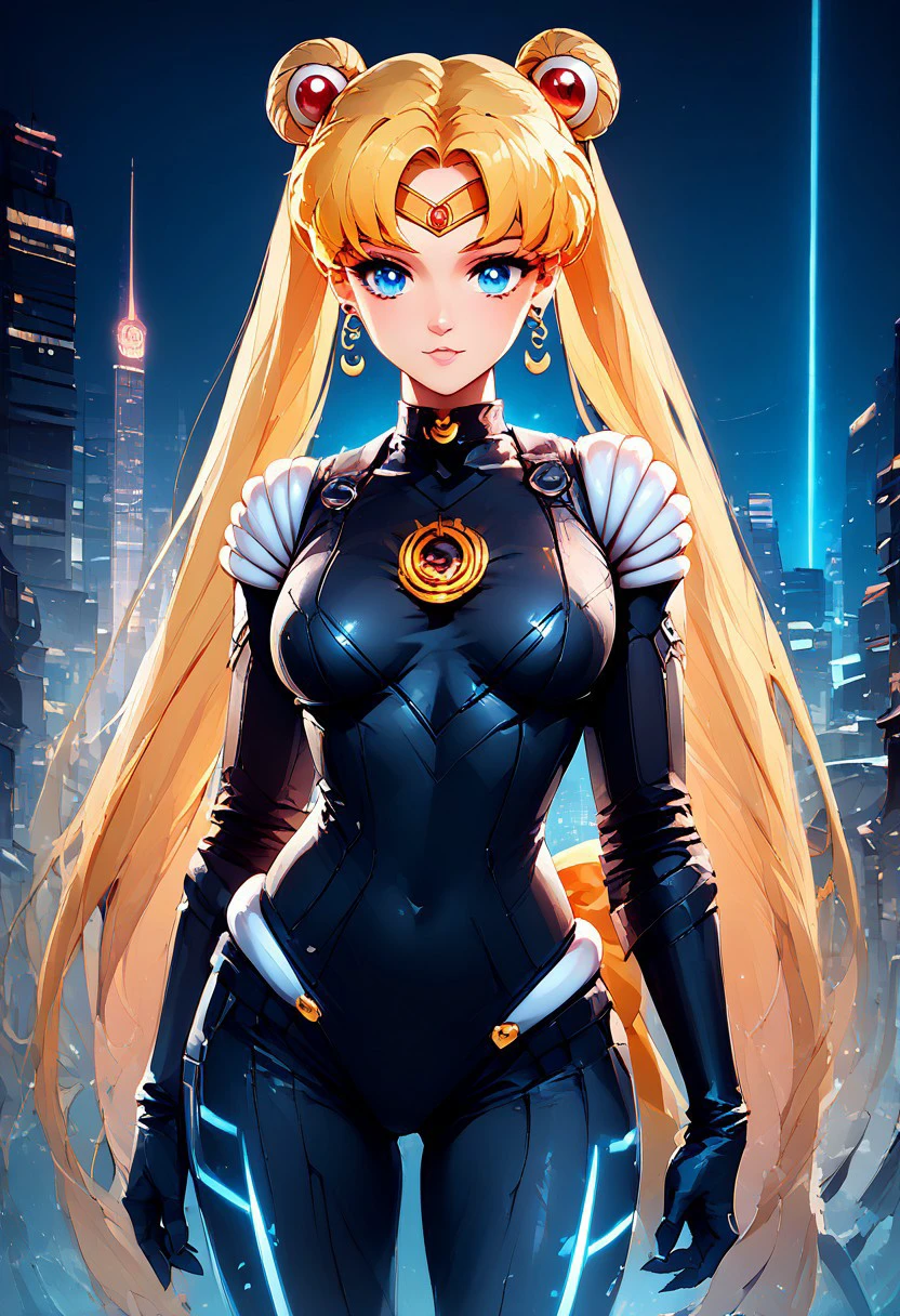 score_9, score_8_up, score_8, medium breasts, (curvy), 
sailor moon, blonde hair, blue eyes, double bun, hair bun, hair ornament, long hair, twintails, circlet, parted bangs,
zzCitronLegacy, 1girl, solo, breasts, looking at viewer,  bodysuit, neon glow, 
city, night, 
zPDXL, Expressiveh