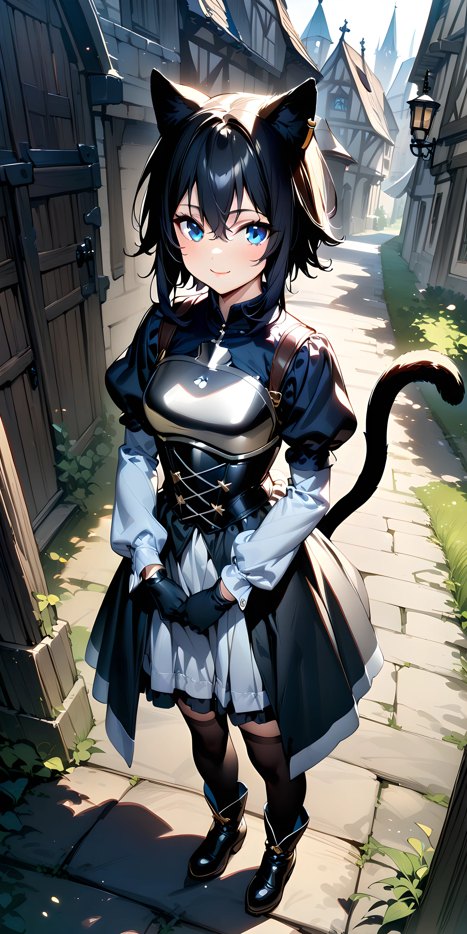 (masterpiece),(best quality),(ultra-detailed),(best illustration),(best shadow),(absurdres),(detailed background),(very aesthetic), fran(tenken),1girl, solo, animal ears, cat ears, cat girl, cat tail, black hair, short hair, blue eyes, black thighhigh, hair between eyes, gloves, dress, chest plate, puffy sleeves, boots, full body, medieval city background, hands on waist, smile, zettai zyouiki, :3<lora:XL-Fran(TenKen):1>