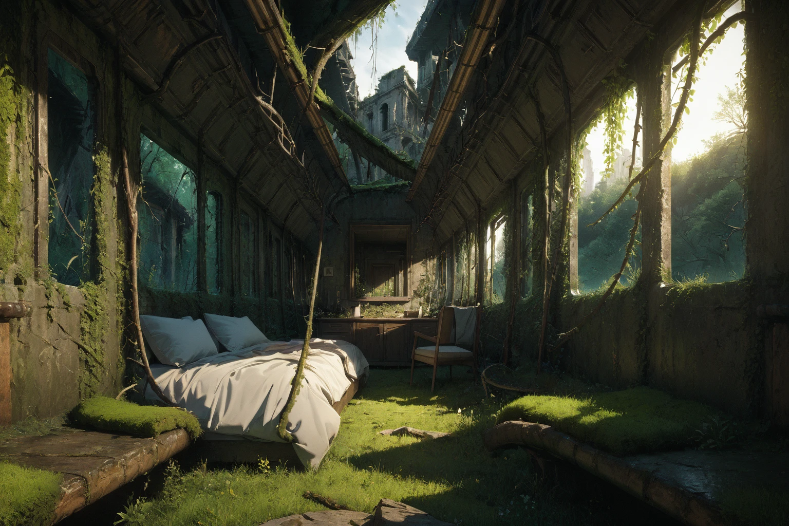 ,ruanyi0777,moss,vines,overgrown,tree,ruins,bedroom,bed,<lora:0777 no one world_xl_v1:1>, masterpiece,best quality,ultra detailed,8K,super fine illustration,highly detailed beautiful face and eyes,perfect anatomy,professional lighting,