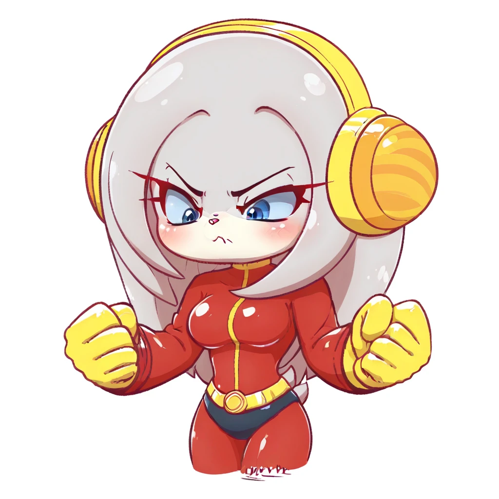 score 9, score 8 up, score 7 up, 1girl, solo, furry female, gloves, furry, clenched hands, breasts, simple background, belt, yellow gloves, white background, artist name, blush, headphones, bodysuit, v-shaped eyebrows, :<, long hair, looking down, closed mouth, medium breasts, tail, blue eyes, cropped legs, white hair, animal nose, chibi, cosplay, signature, red bodysuit, grey hair, cowboy shot, frown, standing, long sleeves, <lora:Nyup:1>,