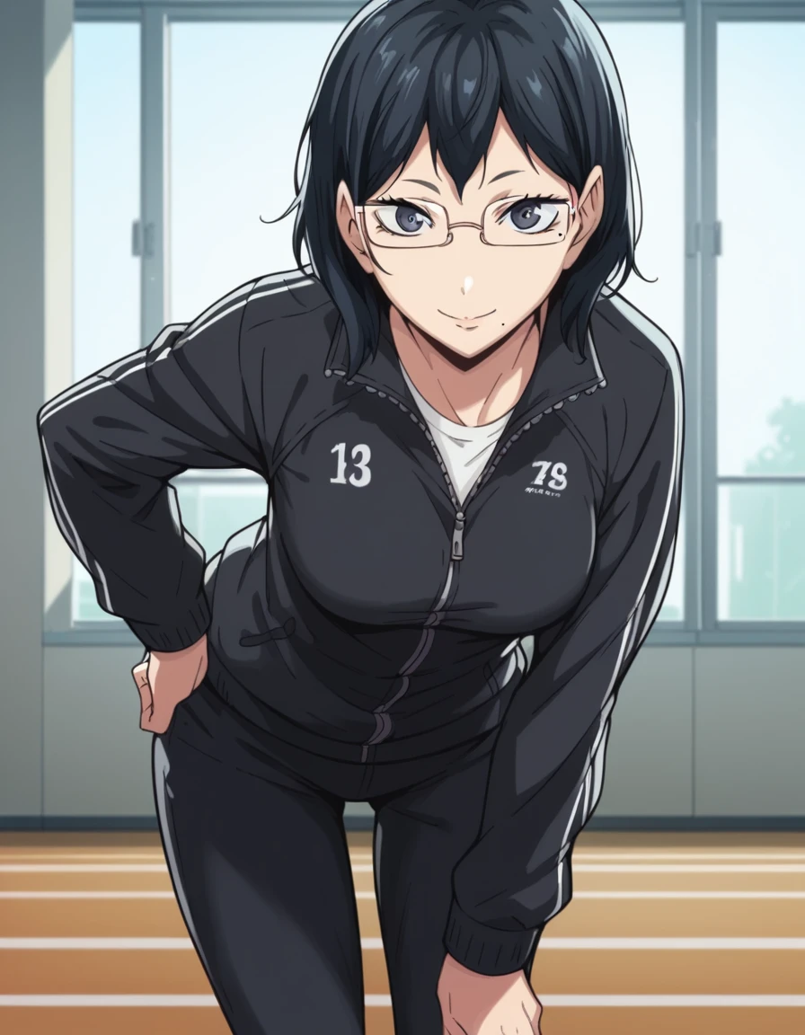 score_9, score_8_up, score_7_up, source_anime, <lora:kiyoko-shimizu-s2-ponyxl-lora-nochekaiser:1> kiyoko shimizu, medium hair, black hair, glasses, mole, black eyes, mole under mouth, medium breasts,, jacket, pants, track jacket, track suit, black jacket, black pants,, indoors, bent over, smile, looking at viewer, solo,, cowboy shot, dutch angle