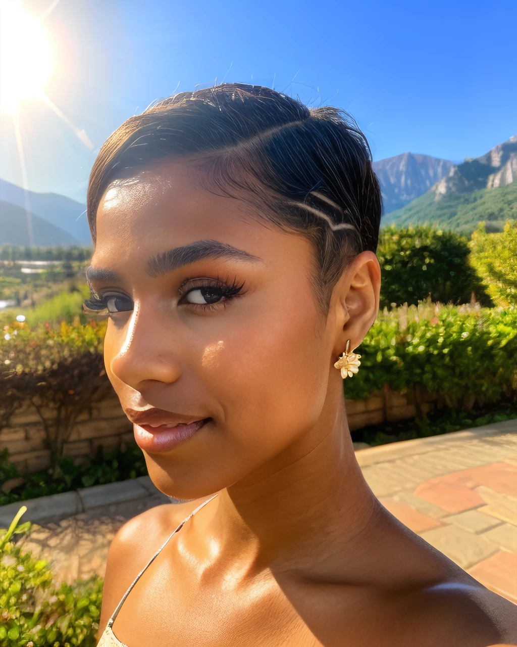 tylasa, ((pixie haircut)), professional portrait of dark skinned female in a floral dress, lip gloss, lips, eye details, brown eyes, reflections in eyes, sunlight, haze, glare, earrings, face details, realistic, looking at viewer, lips parted (mountain background), sharp focus