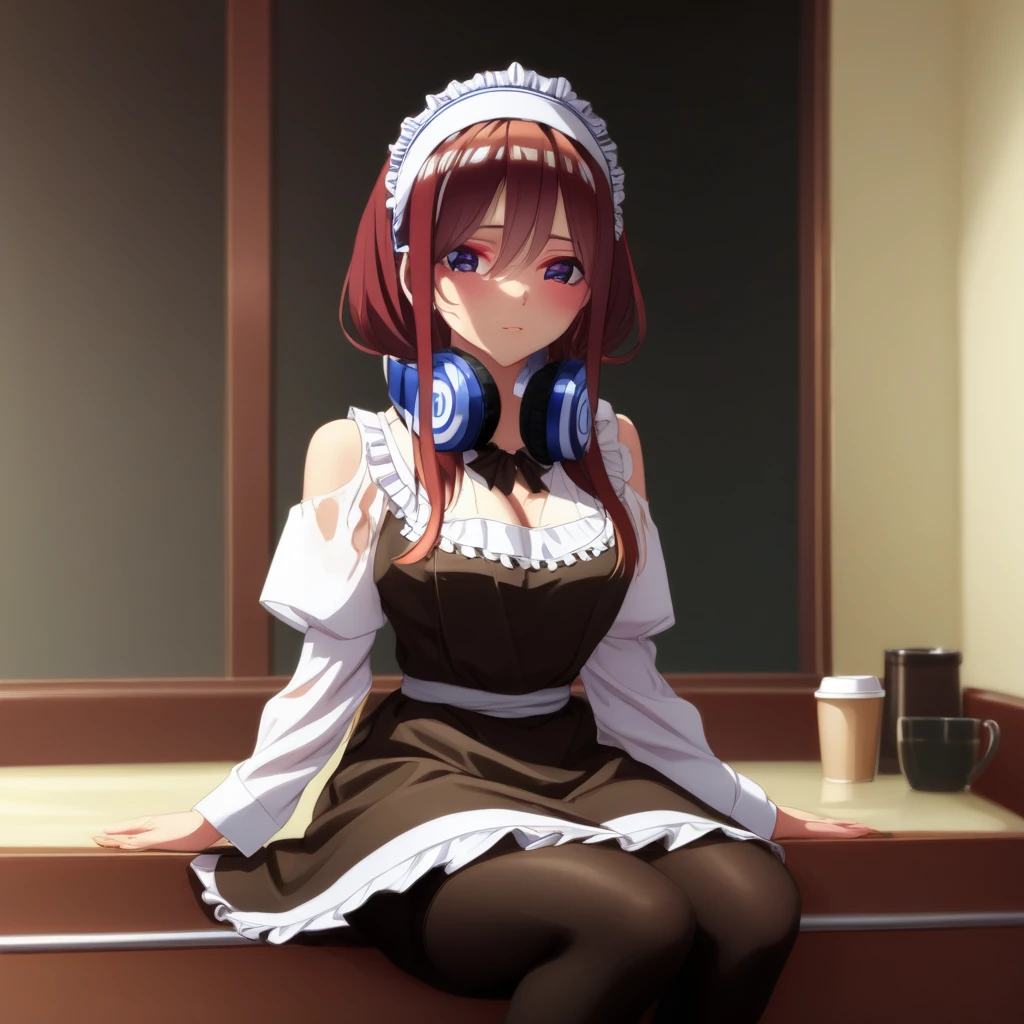 masterpiece, best quality, highres, nm1, maid, maid headdress, headphones around neck, cowboy shot, sitting, coffee, indoors,