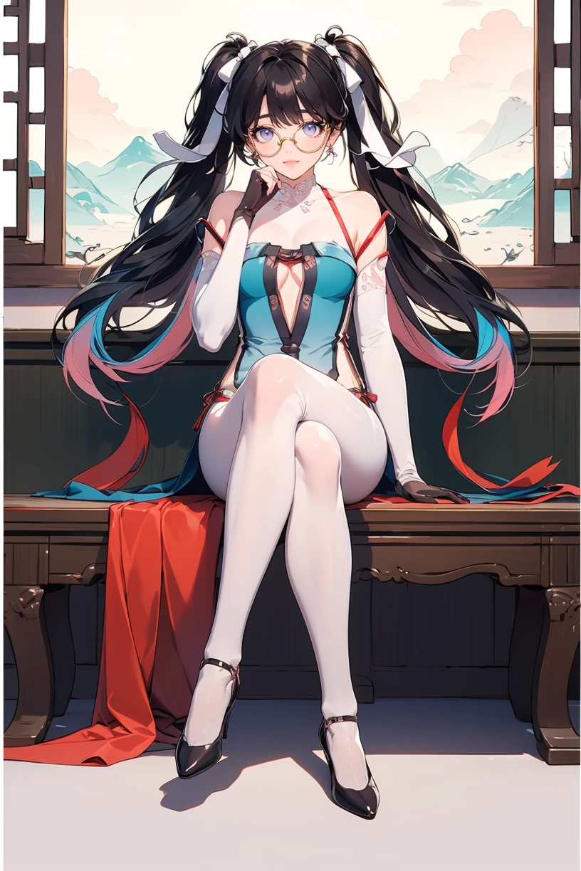 (masterpiece, best quality,masterpiece,illustration,),
very long hair,
<lora:Zhezhi:0.8>,Zhezhi,twintails,multicolored hair,glasses,hair ribbon,chinese clothes,white pantyhose,sitting,elbow gloves