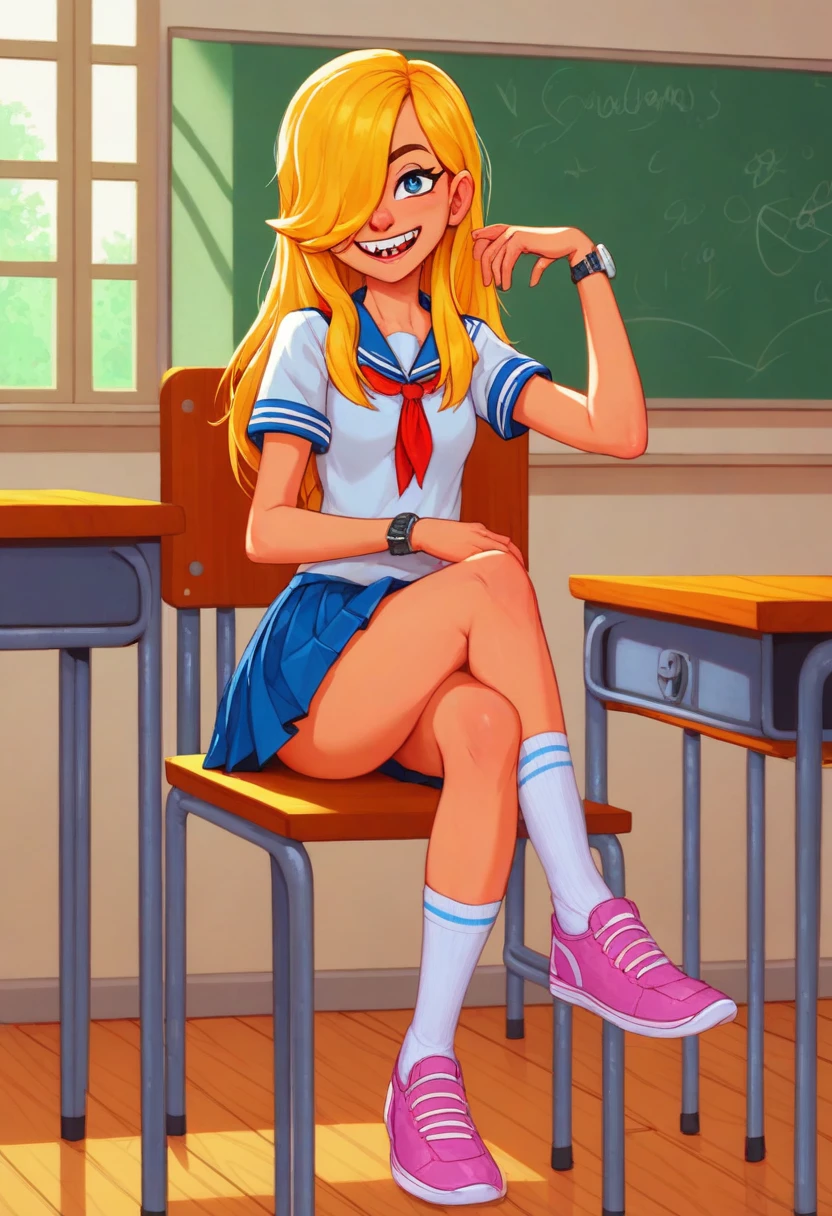 embedding:zPDXL2, rating_safe, source_cartoon, score_9, score_8_up, score_7_up

indoors, classroom, desk, chair, 1girl, solo, small breasts, sitting, crossed legs, looking at viewer, missing tooth, smile

n1kki, blonde hair, long hair, hair over one eye, blue eyes, school uniform, short sleeves, pleated skirt, white socks, pink sneakers, wristwatch