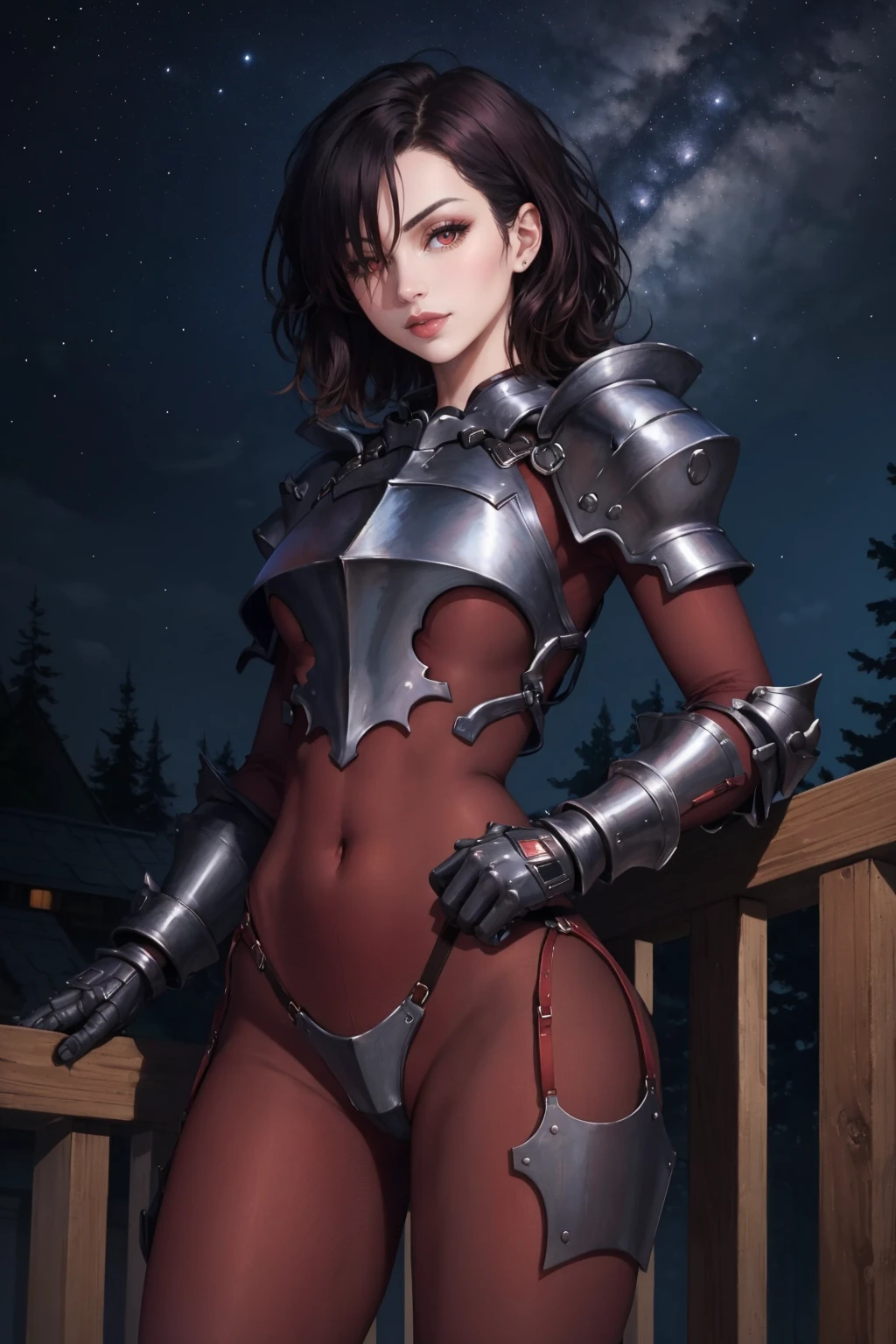 masterpiece, best quality, 1girl, solo <lora:berengaria-nvwls-v1-000009:0.9> berengaria, short hair, red eyes, toned, hair over one eye, maroon bodysuit, long sleeves, armor, gauntlets, large breasts, portrait, looking at viewer, smug, night sky