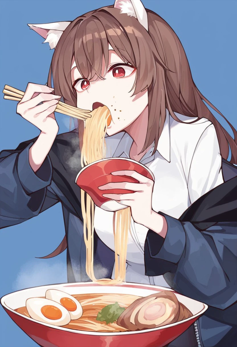 score_9, score_8, score_7, source_anime, eating ramen, long hair, open mouth, jacket, brown hair, holding bowl, steam, red eyes, white shirt, animal ears, egg (food), <lora:c092af6e-0e67-4cb6-893f-bf9ca7a29ff8:1.0>