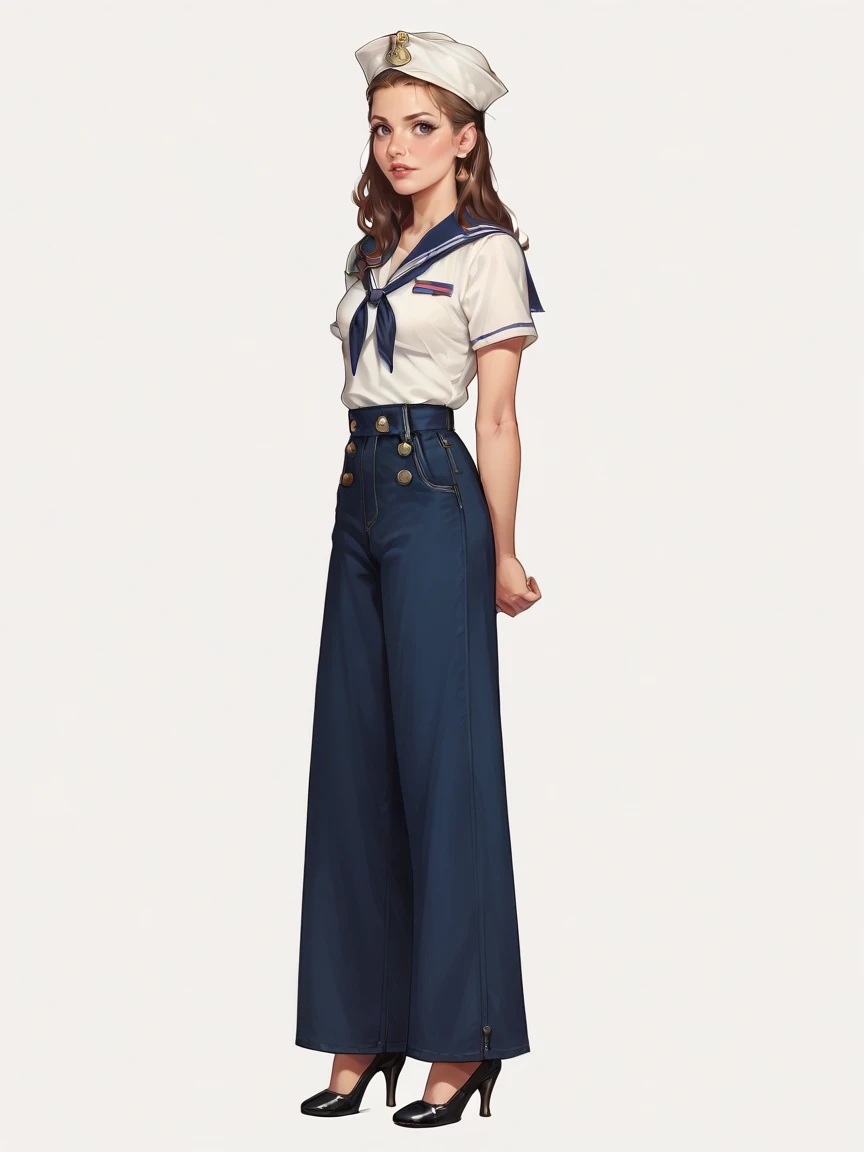 score_9, score_8_up, score_7_up, score_6_up, score_5_up, <lora:s41l0rXLP:0.7> s41l0r, dixie cap hat, hat, sailor, sailor collar, pants, shirt, solo, 1girl, bell-bottoms, high heels, arms behind back,