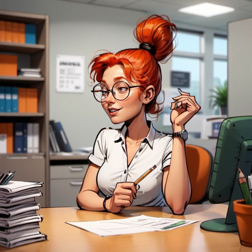 comic 1girl, solo, round glasses, freckles, redhead, ponytail, in an office  <lora:MlleJeanne1024-step00000800:0.8> . graphic illustration, comic art, graphic novel art, vibrant, highly detailed