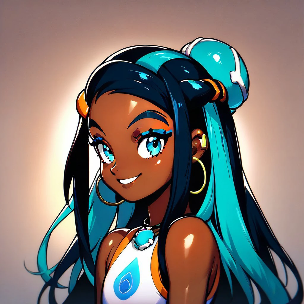 score_9,score_8_up,score_7_up,score_6_up,score_5_up,score_4_up, solo, 1girl, Nessa, portrait, face, dark skin, blue eyes, blue hair, smile, parted lips