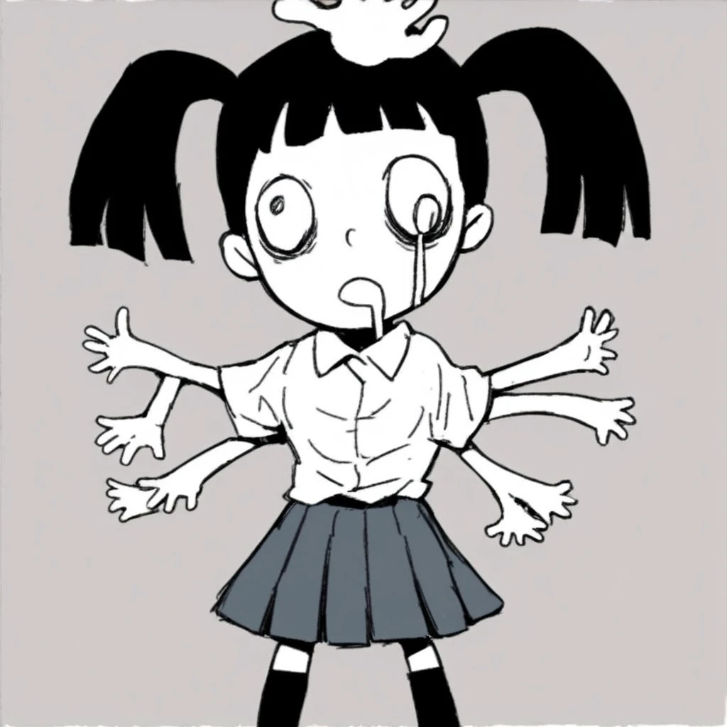 score_9, score_8_up, score_7_up BREAK MonokoYN, 1girl, four arms, four_arms, hand coming out of head, hand coming from head, left eye trail, saliva trail, black hair, pigtails, pale skin, collared white short-sleeved shirt, gray pleated skirt, socks,