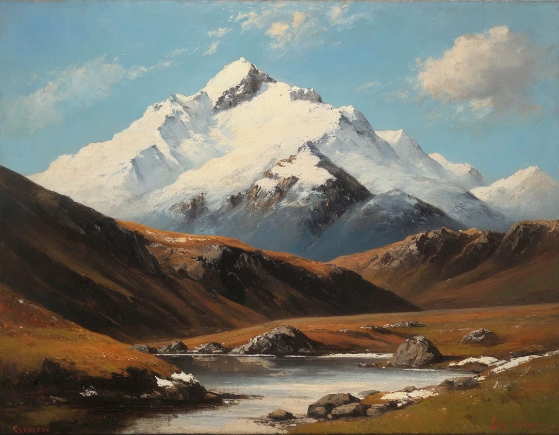 gstv, A painting of a mountain range with snow on the top of it. There are large white clouds in the sky above the mountain. There is a small lake in front of the mountain with water in it. On the ground in front there is grass and rocks. There appears to be a person laying on the ground., outdoors, scenery, cloud, day, blue sky, cloudy sky, landscape, nature, <lora:Courbet_Xl:1>