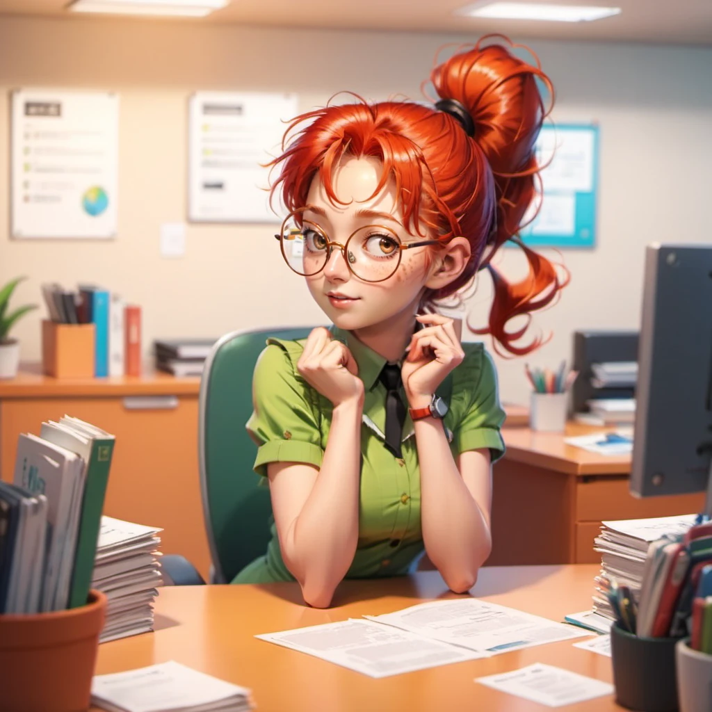 anime artwork 1girl, solo, round glasses, freckles, redhead, ponytail, in an office  <lora:MlleJeanne1024-step00000800:0.8> . anime style, key visual, vibrant, studio anime,  highly detailed