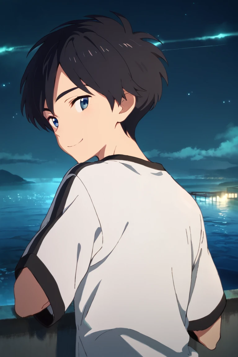 score_9,score_8_up,score_7_up,source_anime,1boy, solo,Kosuke Kumagaya,black hair,blue eyes, shirt,shorts,close-up, night, sky, looking back, smile, sea<lora:EMS-423016-EMS:1.000000>