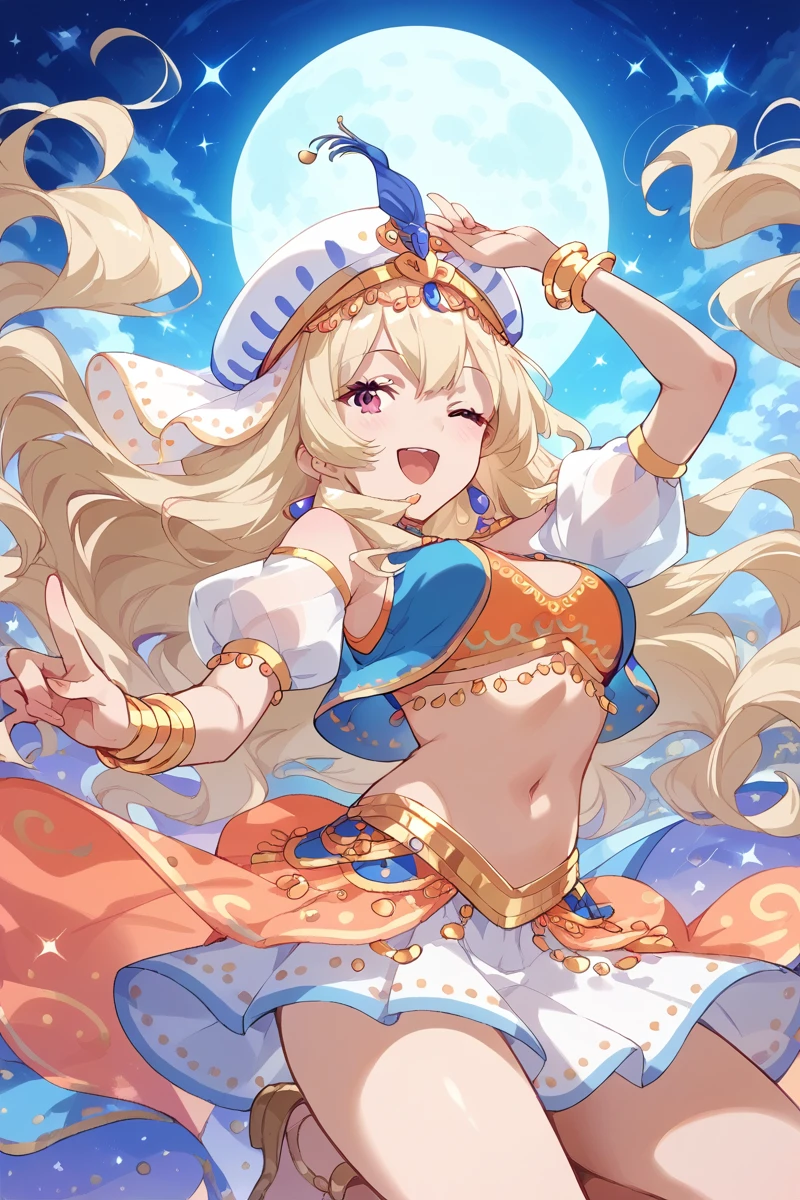 score_9, score_8_up, score_7_up, score_6_up, 1girl,
 <lora:Claudine_Saijo:0.9> claudine, long hair, blonde hair, one eye closed, solo, moon, navel, open mouth, midriff, arabian clothes, jewelry, smile, skirt, bracelet, breasts