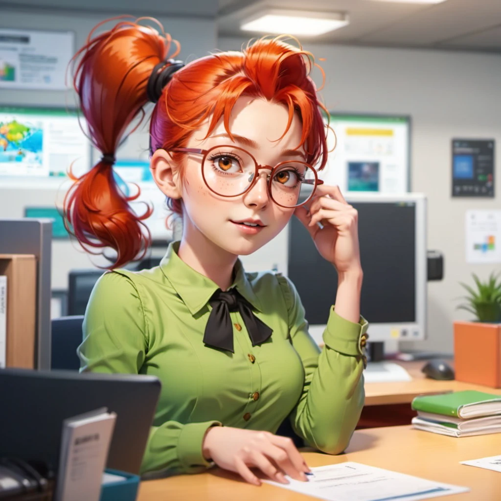 anime artwork 1girl, solo, round glasses, freckles, redhead, ponytail, in an office  <lora:MlleJeanne1024-step00000800:0.8> . anime style, key visual, vibrant, studio anime,  highly detailed