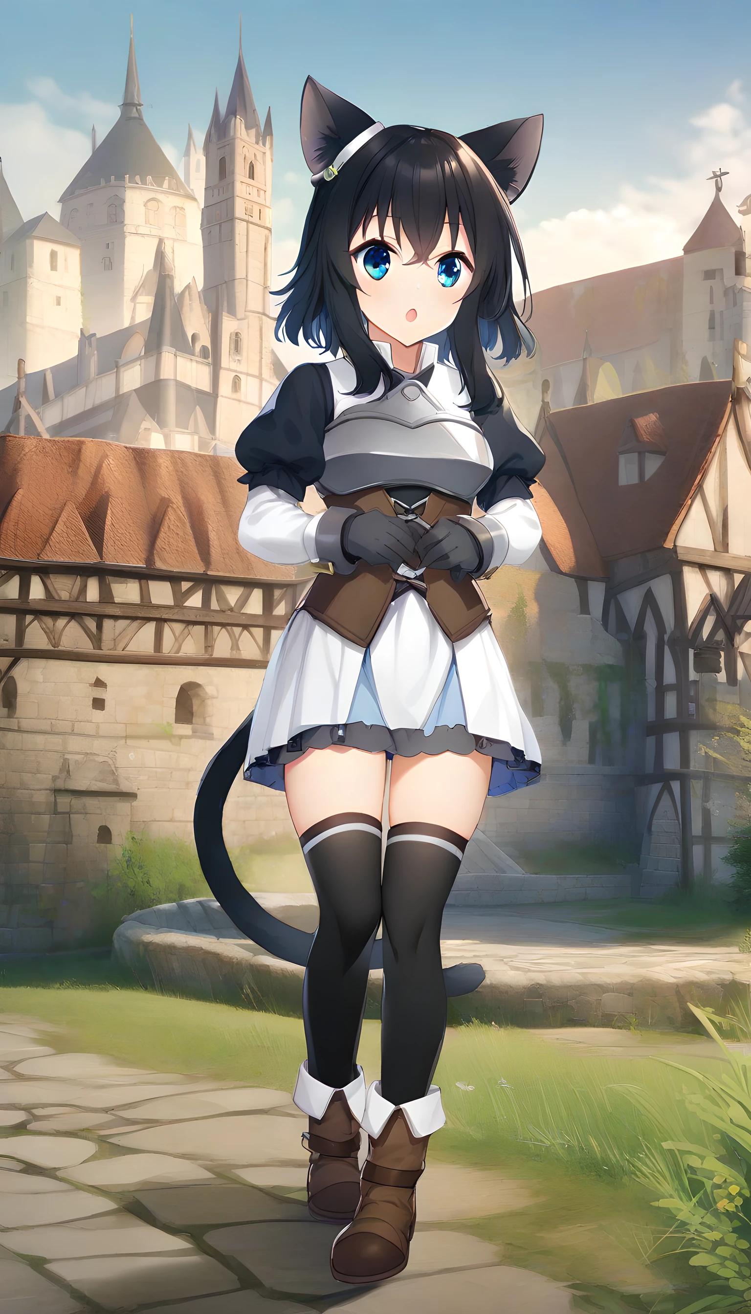 fran(tenken),1girl, solo, animal ears, cat ears, cat girl, cat tail, black hair, short hair, blue eyes, black thighhigh, hair between eyes, gloves, dress, chest plate, puffy sleeves, boots, full body, medieval city background, hands on waist, :o<lora:XL-Fran(TenKen):1>