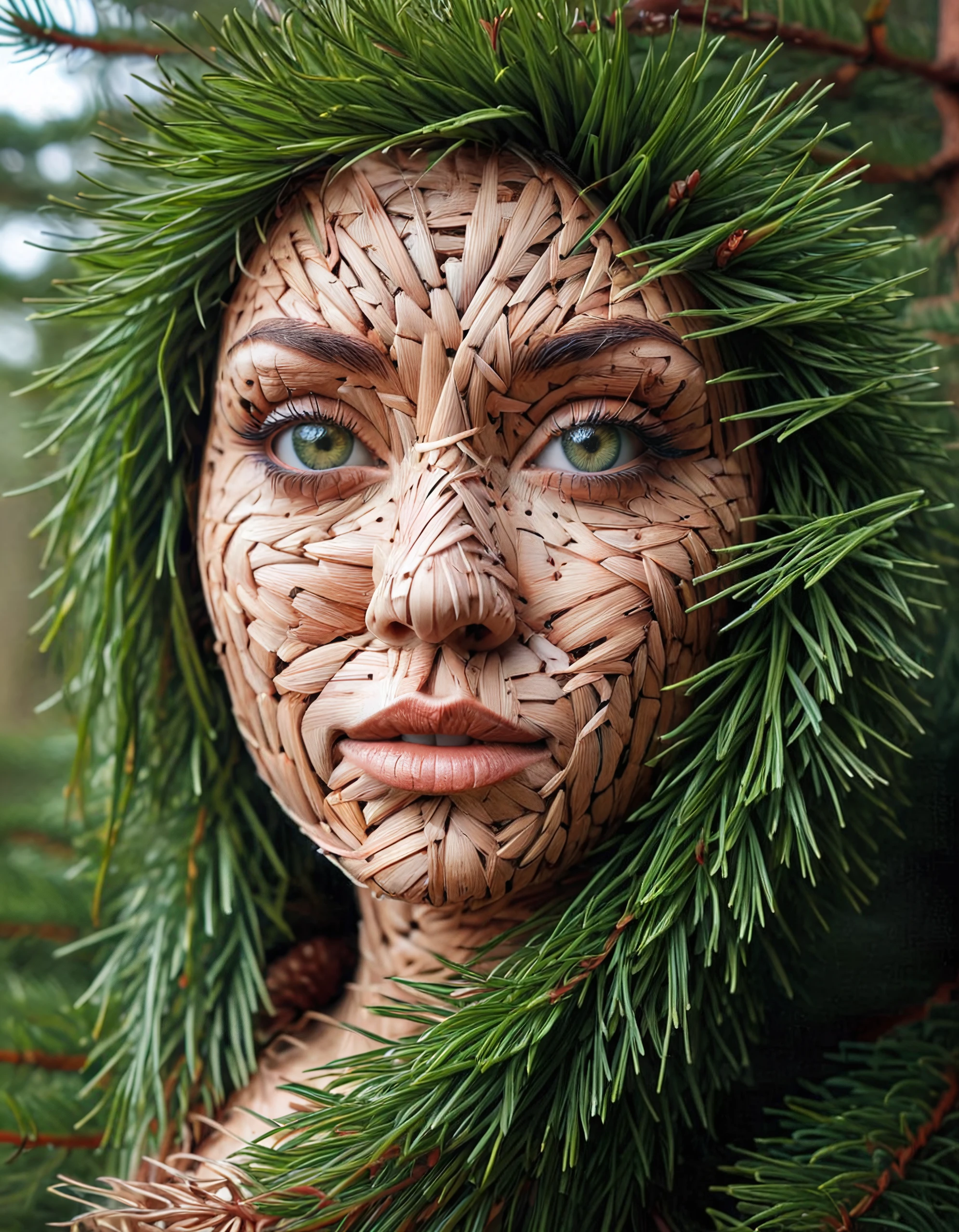 a beautiful woman, face closeup, made of pines and needles