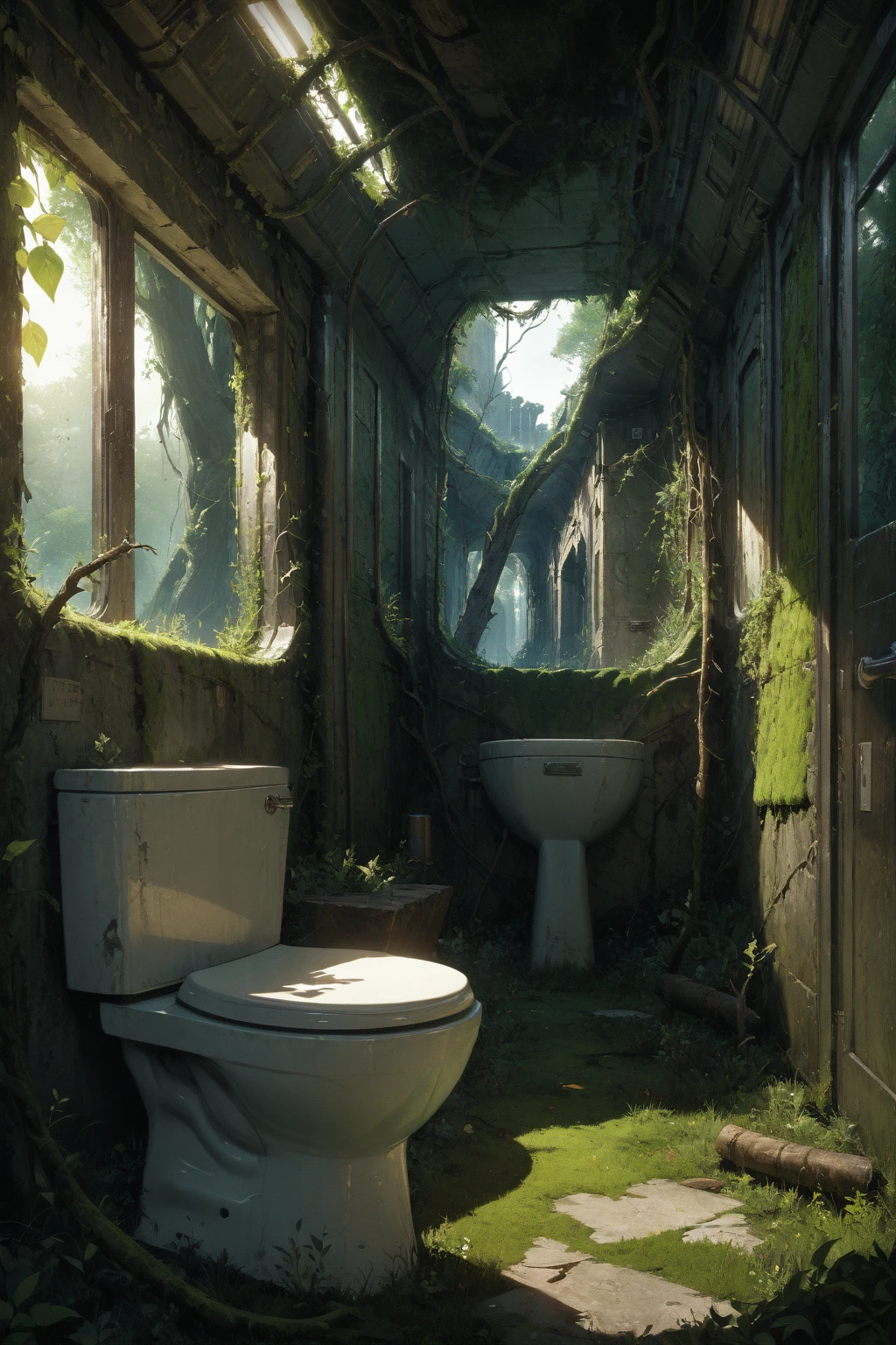 ,ruanyi0777,moss,vines,overgrown,tree,ruins,toilet,<lora:0777 no one world_xl_v1:1>, masterpiece,best quality,ultra detailed,8K,super fine illustration,highly detailed beautiful face and eyes,perfect anatomy,professional lighting,