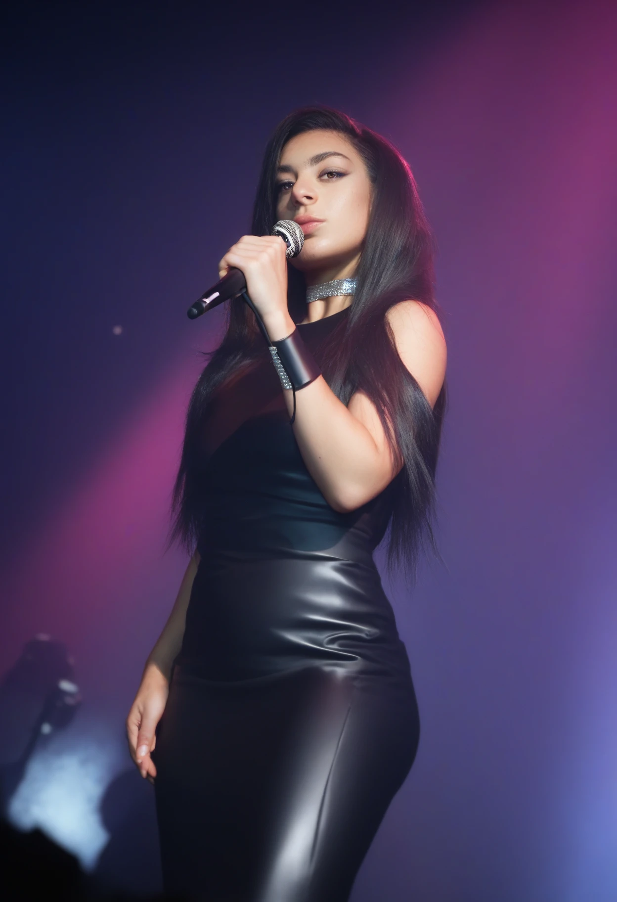 scorscore_9, score_8_up, score_7_up, score_6_up,
1girl, charliXcx, <lora:CharliXcxPonyRealism:1>, long hair, 1girl, tight black dress, singing, closed mouth, microphone , cowboy shot