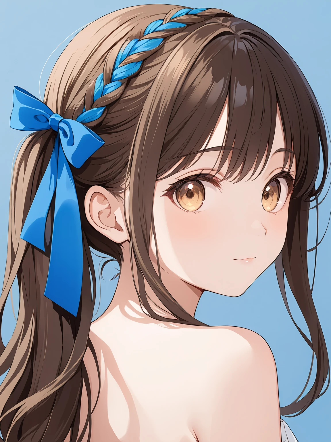 masterpiece,ultra-detailed,best quality,8K,illustration,cute face,clean skin ,shiny hair,girl,ultra-detailed-eyes,simple background, source anime,<lora:add-detail-xl:1> <lora:hair ribbon braid_XL_V1.0:0.6>hair ribbon braid,hair ribbon,blue ribbon