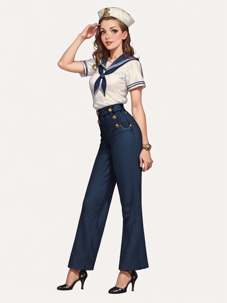 score_9, score_8_up, score_7_up, score_6_up, score_5_up, <lora:s41l0rXLP:0.7> s41l0r, dixie cap hat, hat, sailor, sailor collar, pants, shirt, solo, 1girl, bell-bottoms, high heels,