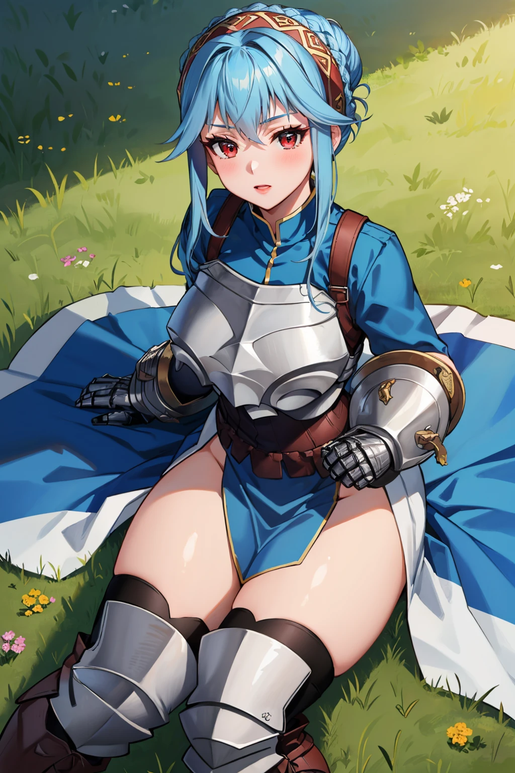 masterpiece, best quality, 1girl, solo <lora:uovirginia-nvwls-v1-000009:0.9> uovirginia, hair bun, red eyes, crown braid, hairband, blue dress, long sleeves, armor, corset, pelvic curtain, gauntlets, looking at viewer, armored boots, large breasts, sitting, on ground, field, looking at you, from above