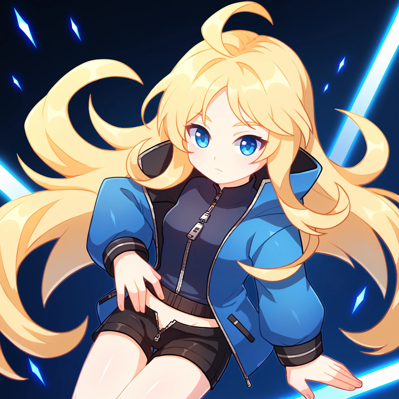 solo, 1girl, <lora:xdianex:1> xdianex, score_9_up, score_8_up, score_7_up, blue jacket, zip, black shorts, blonde hair, long hair, blue eyes