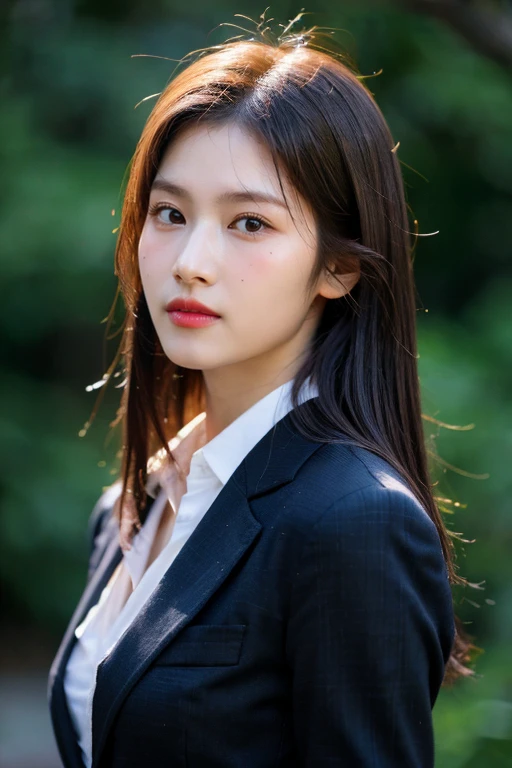 masterpiece, best quality, ultra-detailed, ultra high res, (photorealistic:1.4), raw photo, (realistic:0.2), 8k HDR, realistic lighting, 1girl, solo, looking at viewer, asymmetrical hair, long hair, outdoors, bokeh, (detailed lips), (detailed pores), (detailed skin textures), (detailed face:1.2), (upper body:1.2), black suits, white collared shirts,