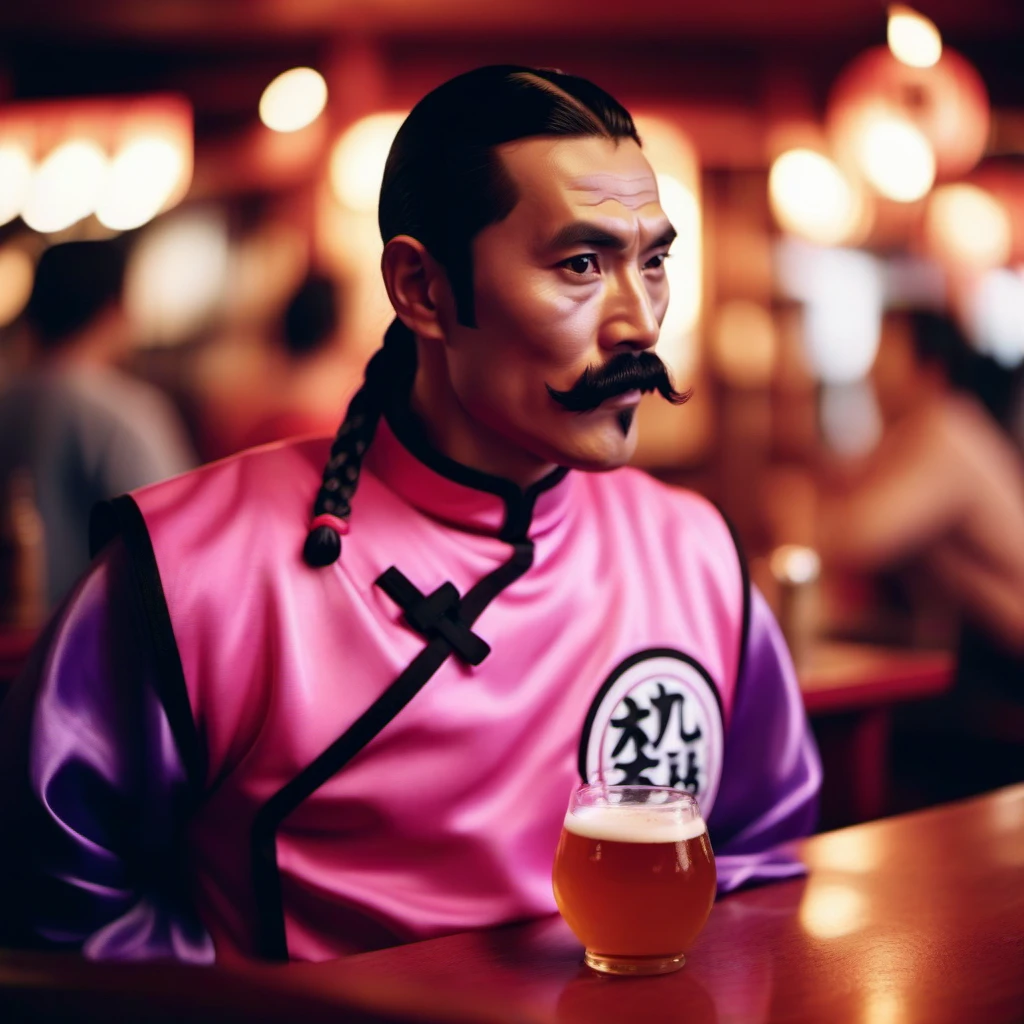 cinematic photo 1boy, mustache, solo, braid, black hair, pink and purple chinese clothes, facial hair, having a beer in a chinese pub  <lora:TaoPaiPai1024:0.8> . 35mm photograph, film, bokeh, professional, 4k, highly detailed