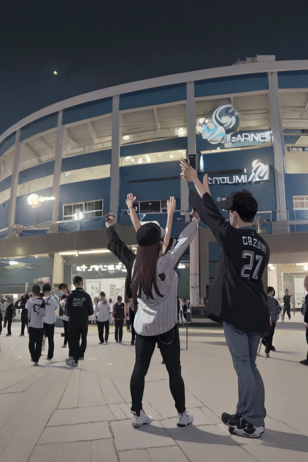 masterpiece, best quality, ultra-detailed, illustration, glasses,
1girl, glasses, chibalotteU, baseball uniform, black hair, long hair, striped shirt, vertical stripes,  baseball cap, 
smile, looking at viewer,  thumbs up, arms up, happy, 
marine_stadium, storefront, 6+boys, night, crowd, real world location, scenery, multiple boys, multiple girls, outdoors, 6+girls, city, sign, building, people, night sky, starry sky, neon lights, 
 <lora:marine_stadium_SD15_V1:1> <lora:Chiba_LOTTE_MARINES_uniform_SD15_V1:0.8>