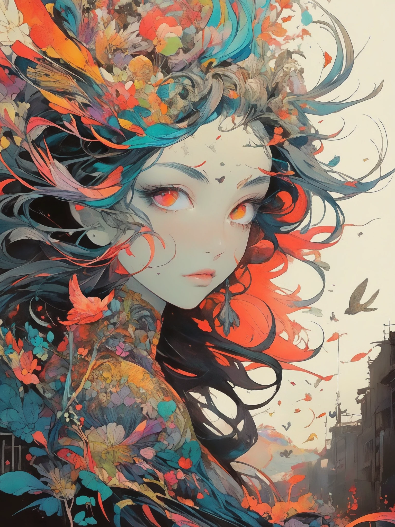 A mesmerizing and surreal art piece by TMann Nyc, featuring a harmonious blend of concept art and alcohol ink on a black background. The artwork showcases a stylized female silhouette, expertly intertwined with vivid colors and shapes of nature. The background reveals a dark, fantastical world with elements of architecture and wildlife, creating an immersive and captivating atmosphere. The overall composition is both visually appealing and impactful, drawing the viewer into its mysterious and enchanting world., poster, graffiti, cinematic, 3d render, fashion, ukiyo-e, vibrant, portrait photography, anime, painting, conceptual art, architecture, dark fantasy, photo, wildlife photography, illustration
epic action, Unreal Engine, cinematic award winning artwork, many details, extreme detailed, full of details,Wide range of colors., dramatic, Dynamic,Cinematic,Sharp details, Insane quality. Insane resolution. Insane details. Masterpiece. 32k resolution. casting shadow style, cucoloris patterned illumination, dvr-lnds-sdxl, ral-dissolve, ral-ertmsphr, ral-porcelain, ral-pxlprtcl, Niji, aidma-niji