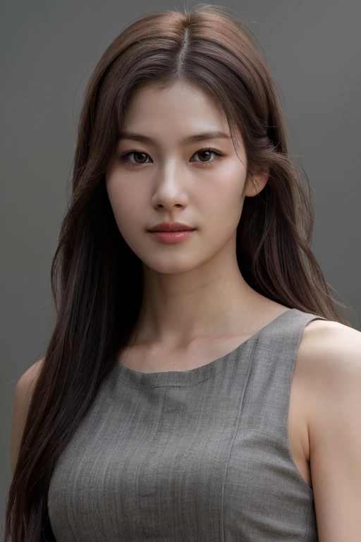 masterpiece, best quality, ultra-detailed, ultra high res, (photorealistic:1.4), raw photo, (realistic:0.2), 8k HDR, bright realistic lighting, 1girl, solo, looking at viewer, asymmetrical hair, (detailed pores), (detailed skin textures), (detailed face), (simple gray background :1.2), (upper body:1.3), simple dress, sleeveless,