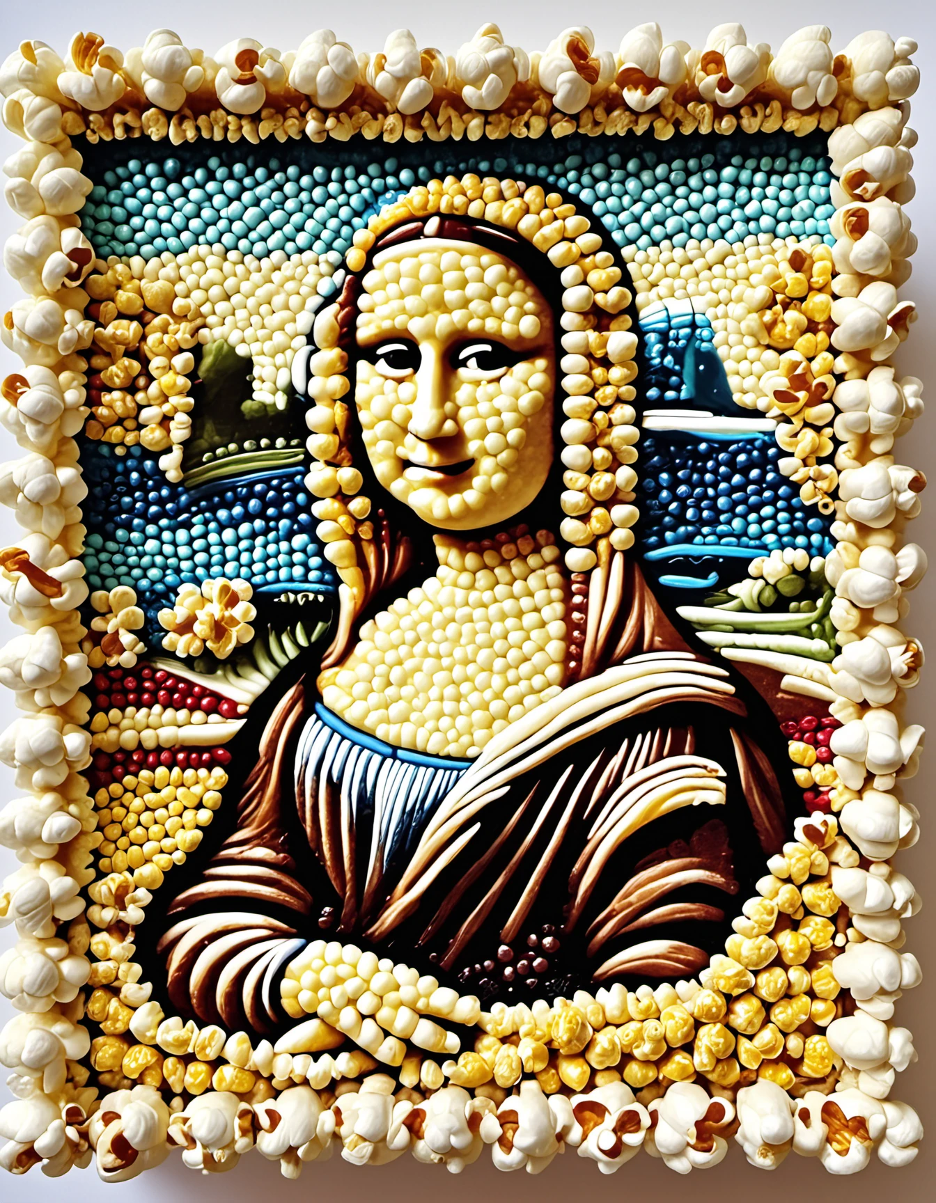 Popcorn,A popcorn version of the Mona Lisa, complete with frame