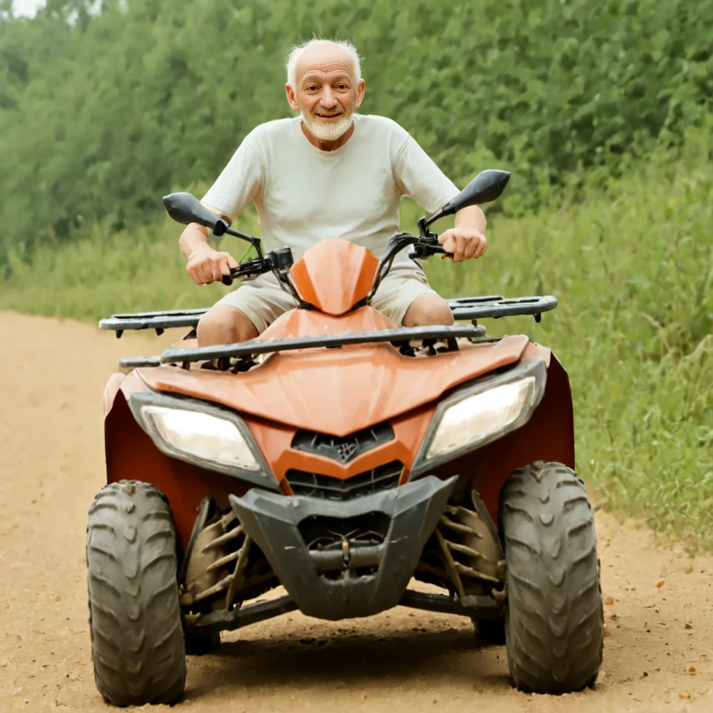 riqua, (front view) , (old man) riding a quad.   <lora:RideQuad:1>