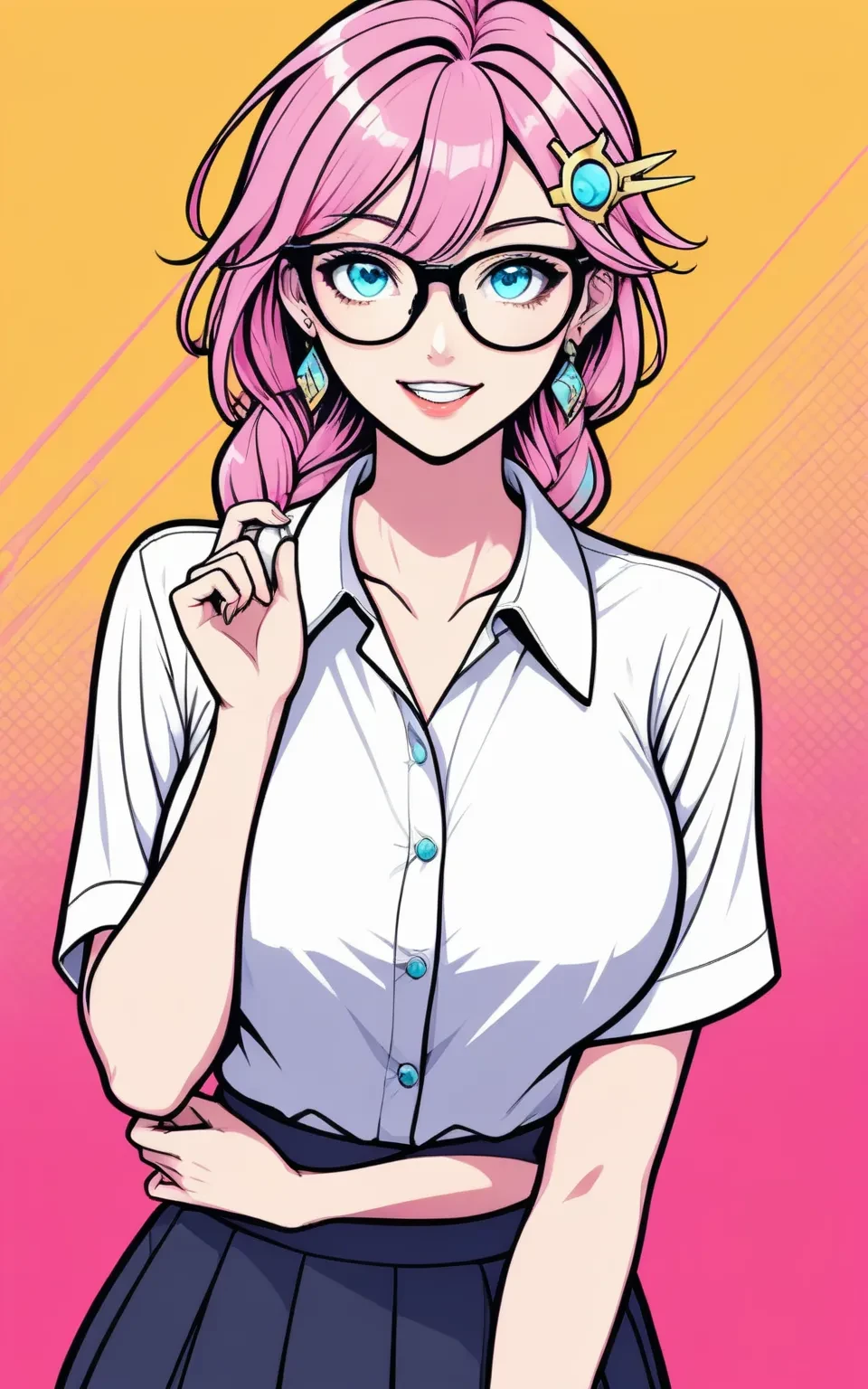 1girl, 
popart, 
serapeum \(honkai impact\)
solo, glasses, looking at viewer, pink hair, blue eyes, shirt, parted lips, jewelry, earrings, white shirt, skirt, collarbone, lips, long hair, black-framed eyewear, upper body, breasts, collared shirt, stud earrings, hair ornament, braid
masterpiece, pleated skirt, hairclip, smile, grin, school uniform, side braid, adjusting eyewear, short sleeves, large breasts, shirt tucked in, 
newest, absurdres, safe
 <lora:popart:1>