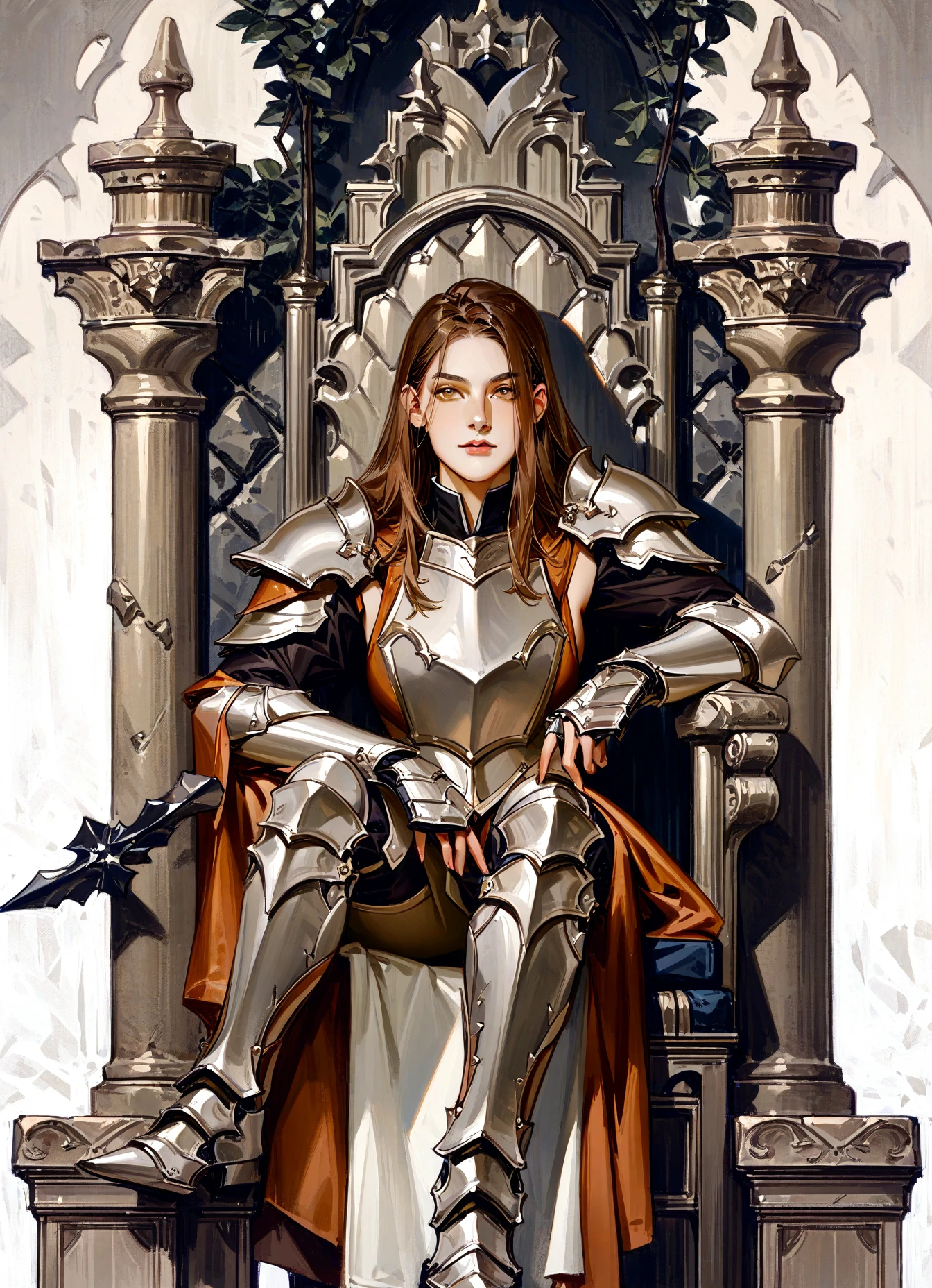 leyendecker, realistic, masterpiece, best quality, very aesthetic, absurdres, 1girl, stone walls, indoors, castle, brown hair, long hair, wearing suit of armor, half body, (throne:0.5), sitting on throne, legs crossed, (pants:0.5), greaves