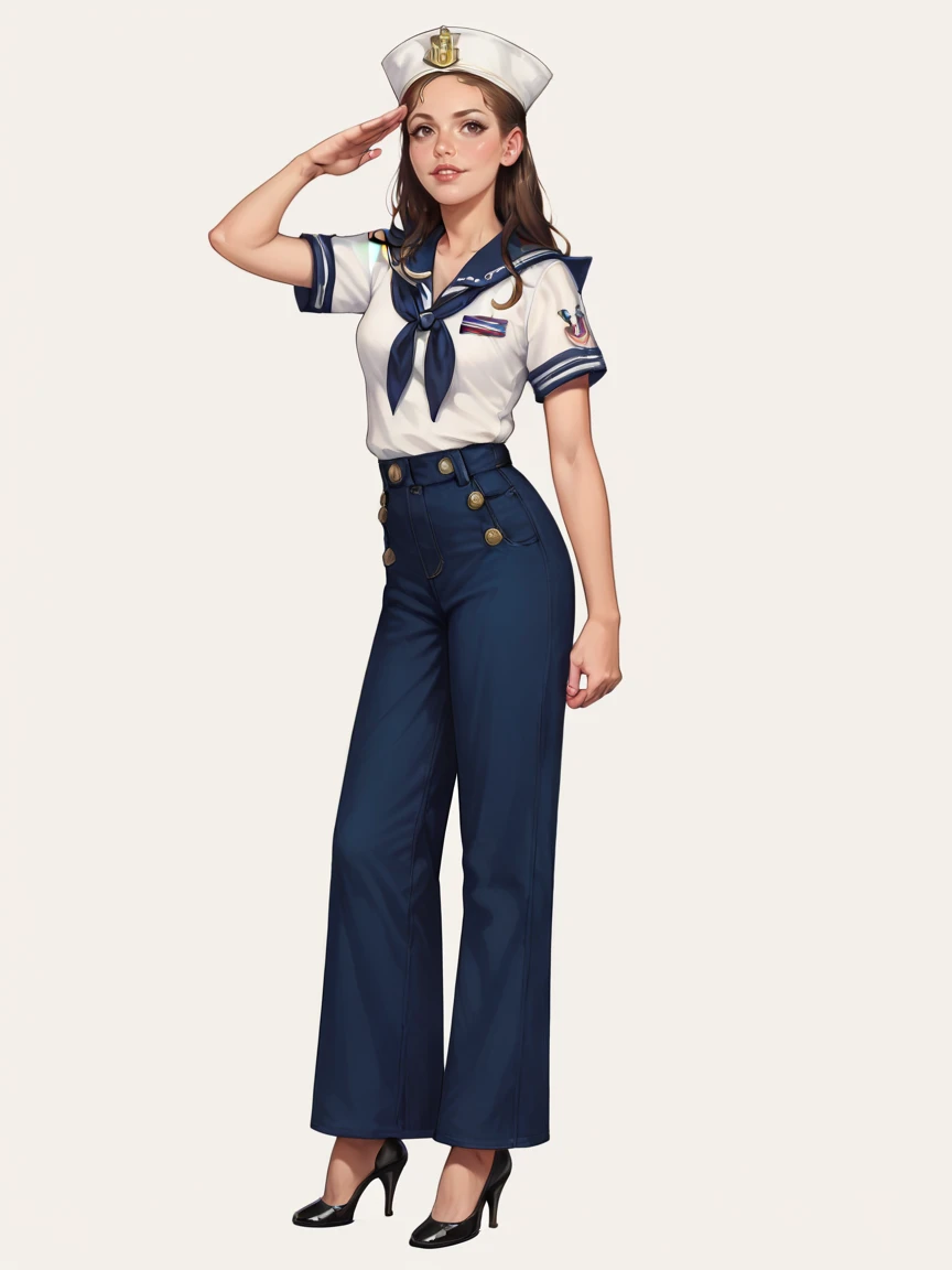 score_9, score_8_up, score_7_up, score_6_up, score_5_up, <lora:s41l0rXLP:0.7> s41l0r, dixie cap hat, hat, sailor, sailor collar, pants, shirt, solo, 1girl, bell-bottoms, high heels, salute,