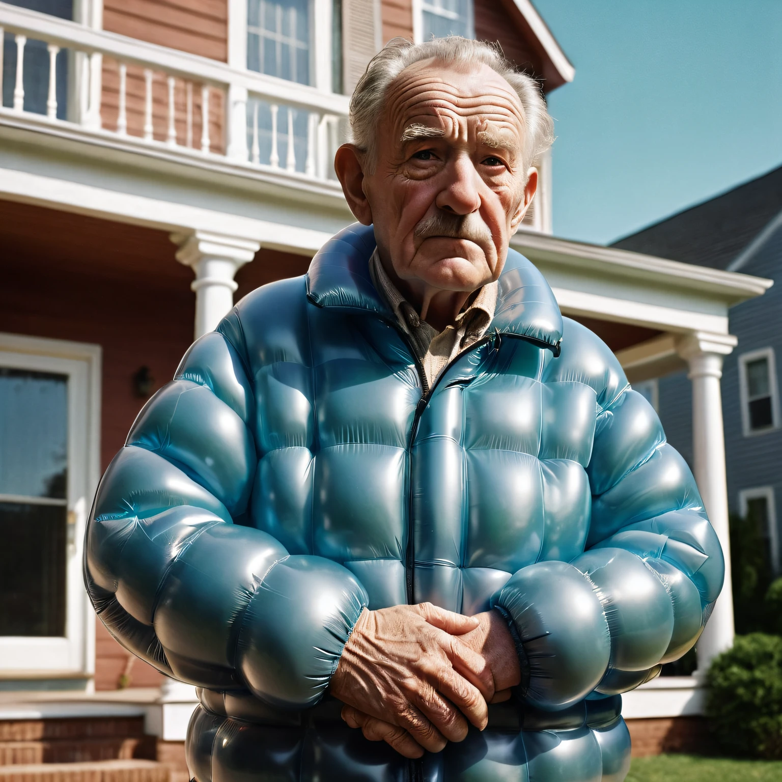 zynflatable, scenery, close-up, porch, old man, portrait, inflatable jacket, highly detailed, film grain, <lora:zy_Inflatable_World_Morph _v1:.7>