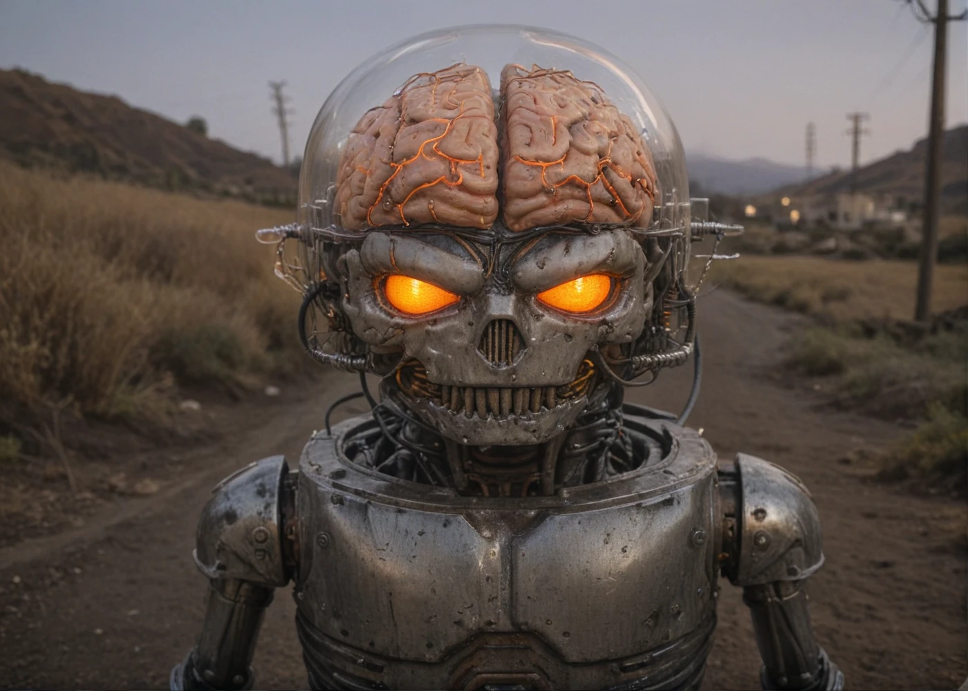 <lora:robobrain:0.6> robot brain, brain with wires attached, realistic, robot, armor, outdoors, exposed brain, standing, tubes from head, glowing orange eyes, smiling,