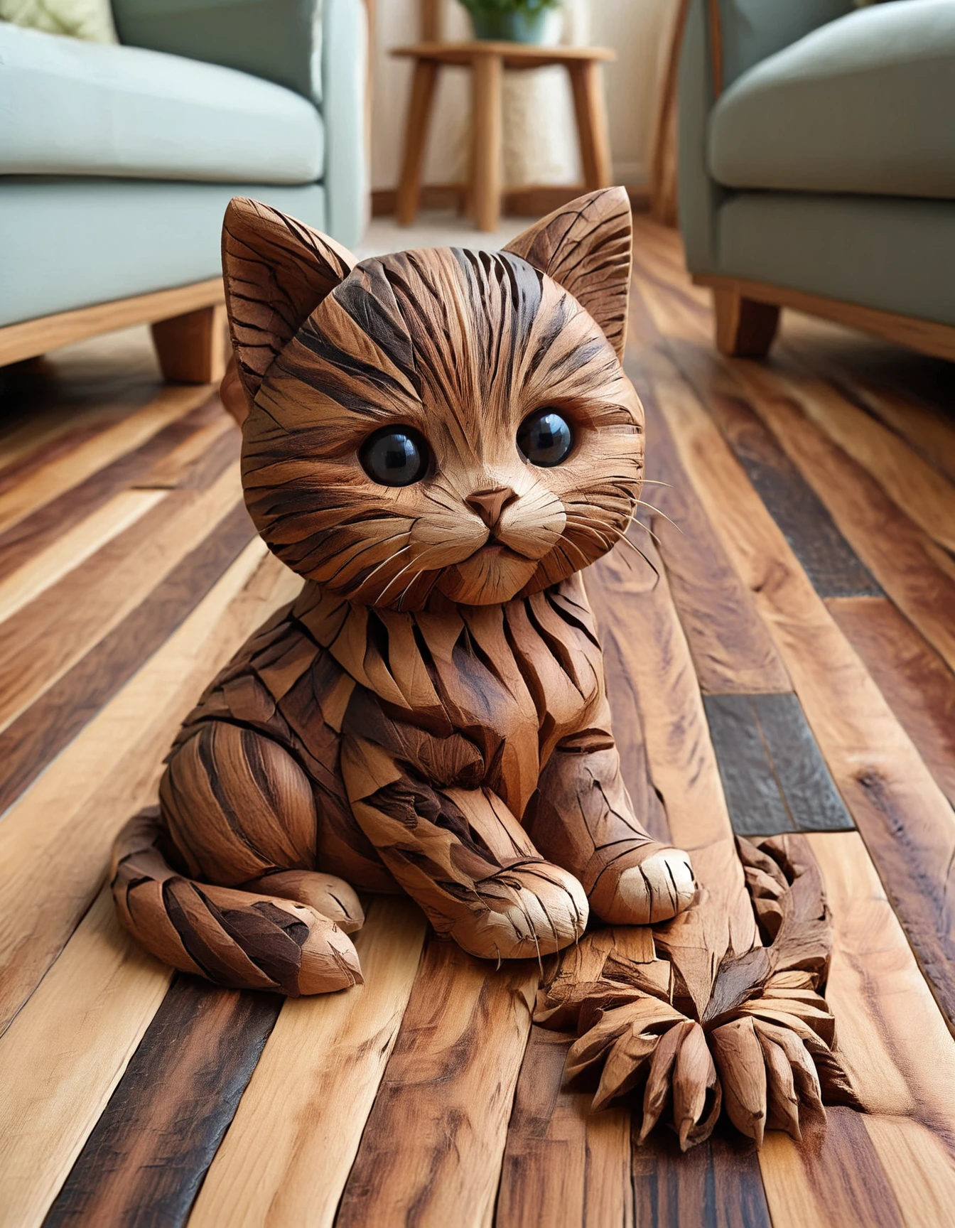 an incredible photo of a kitten made entirely of hardwood flooring sitting on a couch, hrdwdaf