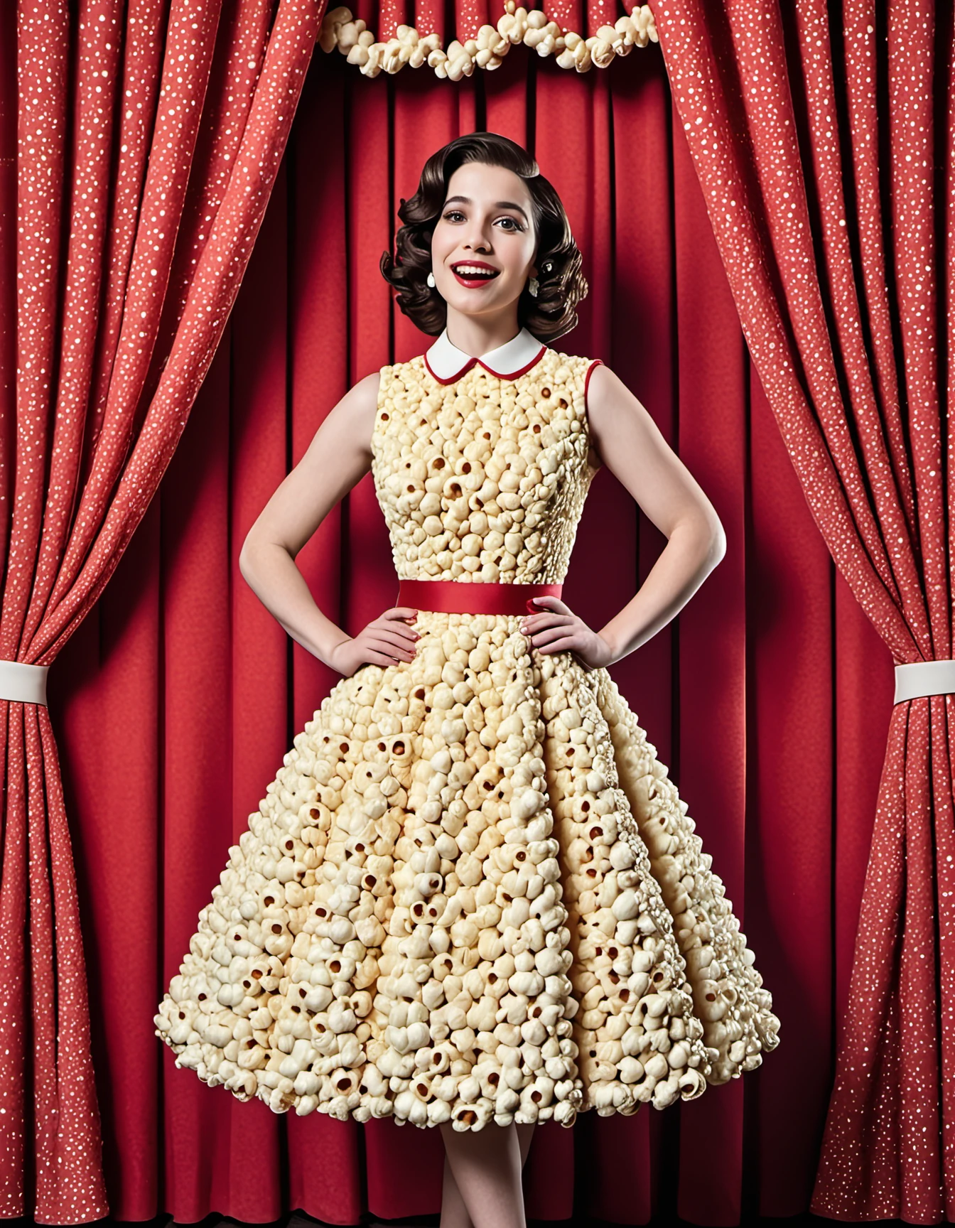 Popcorn,"The Marvelous Mrs. Popcorn"
A 1950s-style popcorn dress inspired by The Marvelous Mrs. Maisel. Background: A vintage comedy club interior with a microphone stand and red curtain, all made from various snack foods.