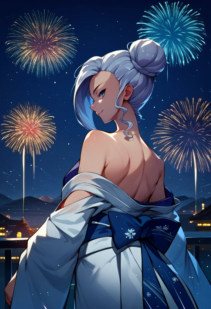 score_9, score_8_up, score_7_up, source_anime, from behind, solo, 1girl, winterschnee, light smile, looking back, single hair bun, japanese clothes, white kimono, snowflake print, off shoulder, blue sash, bare shoulders, fireworks <lora:rwby_winterschnee_ponyXL:1>