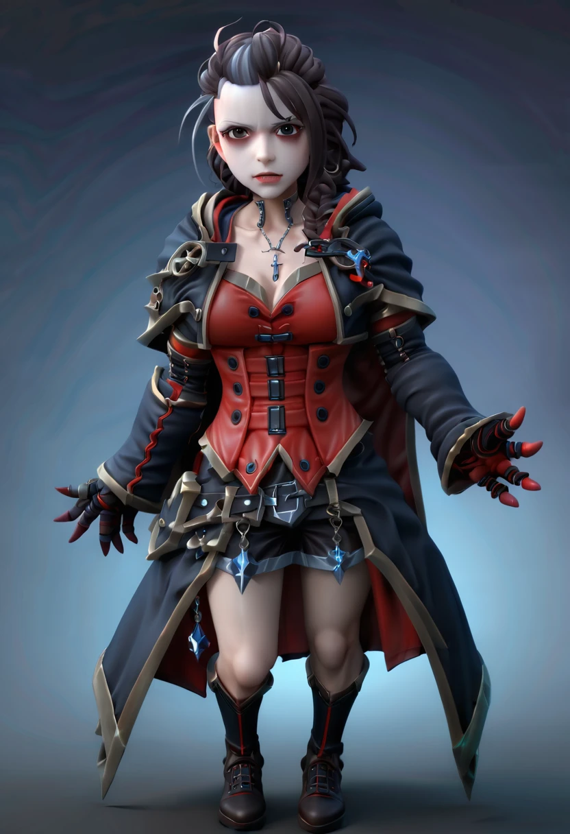 LordAdmiral, (((masterpiece))) , (((best quality))) , anime style, 3D, Vampiric Chibi 34 y.o. Greek Demon Queen alluring 1girl, solo, wearing Toggle coat, Outstretched hand, her hair is Brunette, key visual