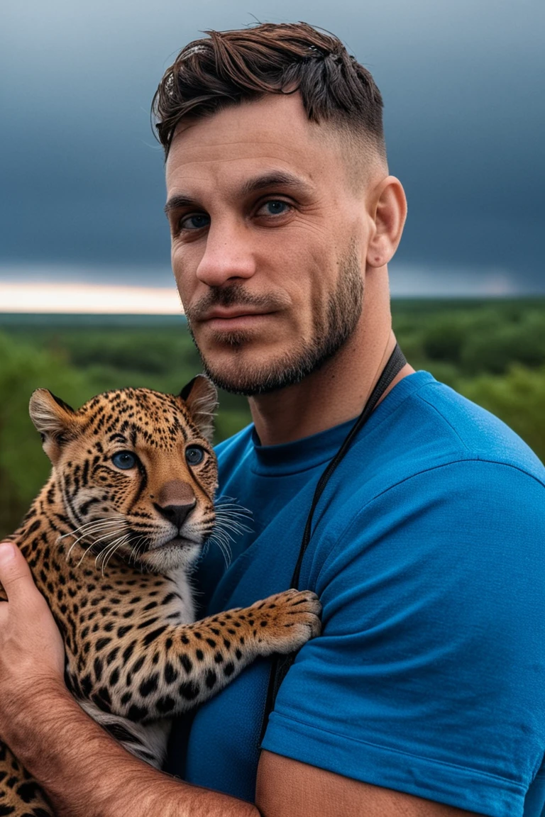 Close-up photo of Loïc Barcourt<lora:Rythmind_Loïc Barcourt_v4Final:1>
upper body, he is holding a babyJaguar. The background is The hurricane's strong winds caused extensive damage to infrastructure., natural lighting, 4k, high quality, Fujifilm XT3
,[ perfect hands, fingers, grab, fire, woods:0.1][, blue eyes::0.2] natural lighting, 4k, high quality, Fujifilm XT3