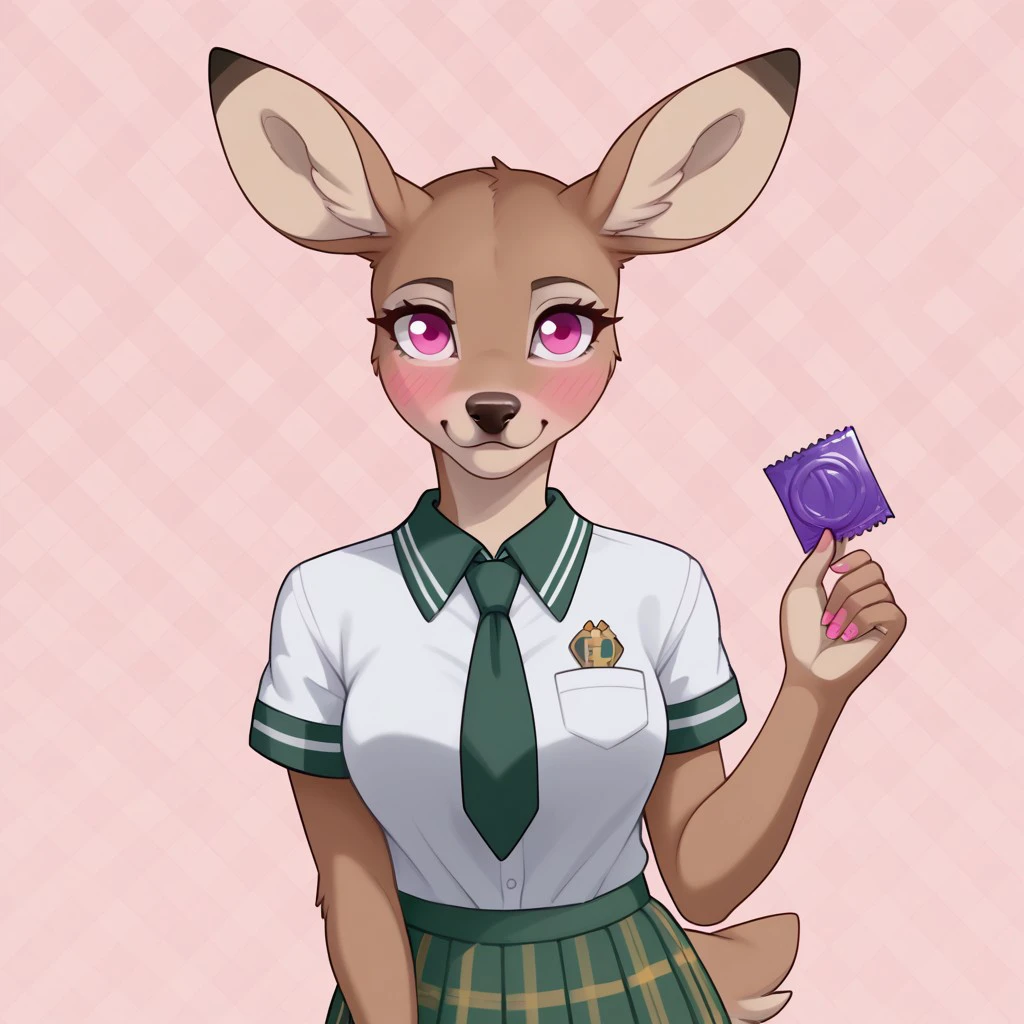 score_9, score_8, Rating_safe, SLoimu, Loimu, Loimu the Deer, 1Girl, Furry, Anthro, Deer Girl, Deer Ears, Deer Tail, Pink Eyes, Large Ears, Pink Nails, Eye Lashes, Blush, Standing, Holding Packet, offering to viewer, Pocky, Pockey Box, School Uniform, Green Tie, Green Collar Shirt, Skirt, Pleated Skirt, Short Sleeves, Condom Wrapper, Simple Background, Patterned Background, Looking at Viewer, Head Turned Away, Pov,