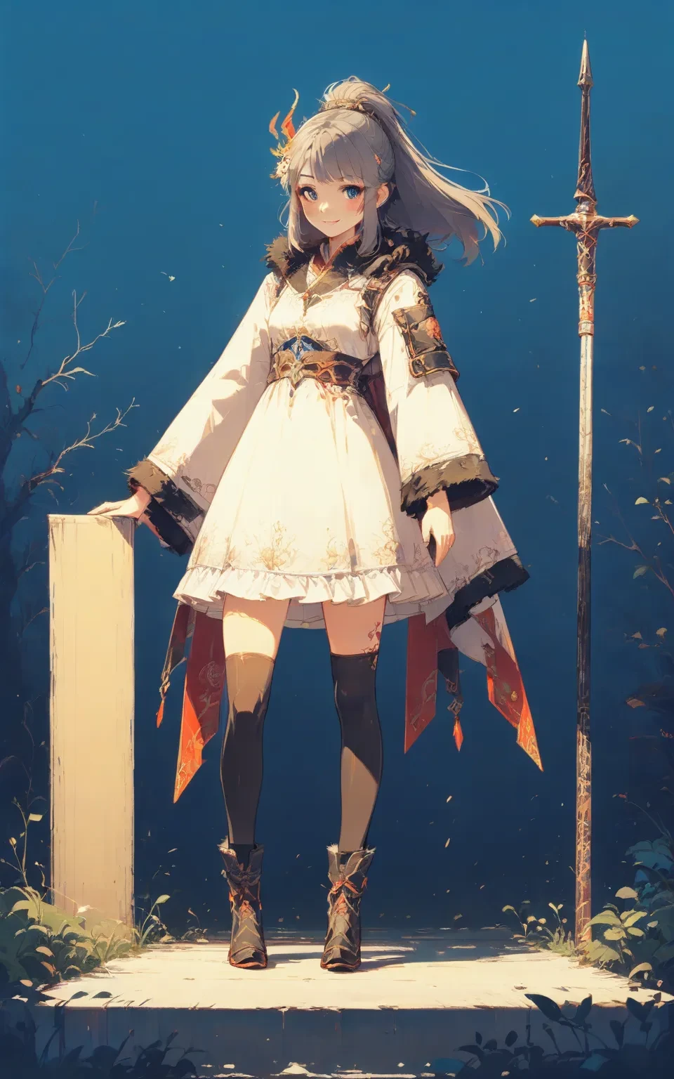 1girl, 
hcch, fur trim, long hair, tattoo, high-low skirt, simple background, holding polearm, long legs, standing, white dress, grey hair, jewelry, shoulder armor, closed mouth, dress, fur-trimmed sleeves, weapon, armor, holding, smile, blue eyes, high ponytail, thighhighs, solo, facial tattoo, looking at viewer, black thighhighs, full body, boots, long sleeves, polearm, hair ornament, official alternate hairstyle, holding weapon, 
masterpiece, newest, absurdres, safe
 <lora:hcch:1>